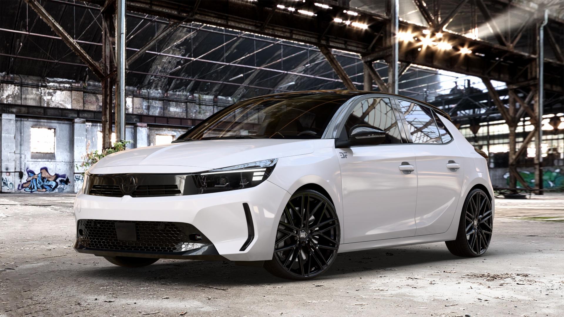 1000 Miglia MM1023 GLOSS BLACK Felge mit Reifen schwarz in 20Zoll Winterfelge Alufelge auf weissem Opel Corsa F Typ U Facelift 0,0l 57kW Corsa-e (77 PS) 62kW (84 1,2l Turbo 74kW Mild-Hybrid (101 100kW (136 ⬇️ mit 15mm Tieferlegung ⬇️ Old Industrial Hall_max_4400mm_2024 Frontansicht_1