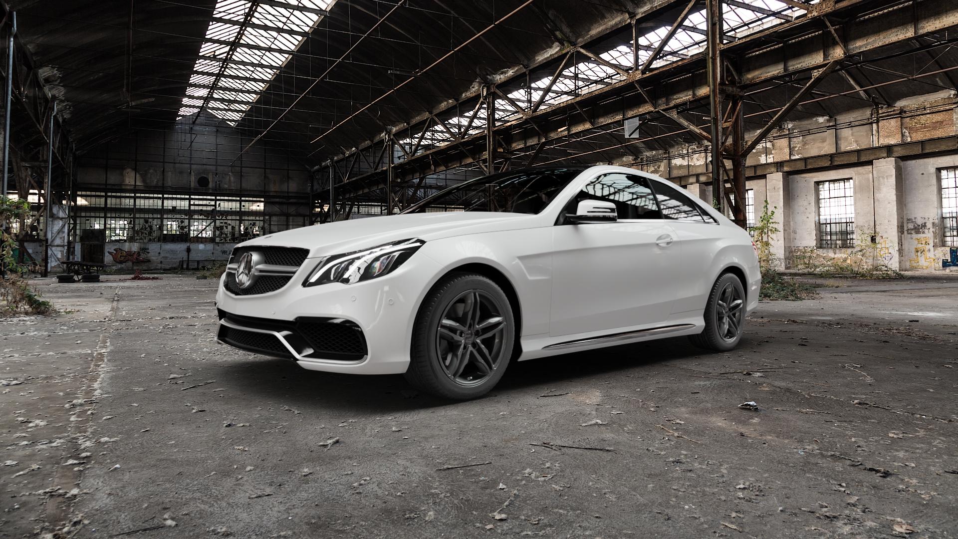 2DRV WH11 Dark Gunmetal lackiert Felge mit Reifen grau anthrazit in 17Zoll Winterfelge Alufelge auf weissem Mercedes E-Klasse Typ C207 Coupe Facelift ⬇️ mit 15mm Tieferlegung ⬇️ Old Industrial Hall_max5000mm_2022 Frontansicht_1
