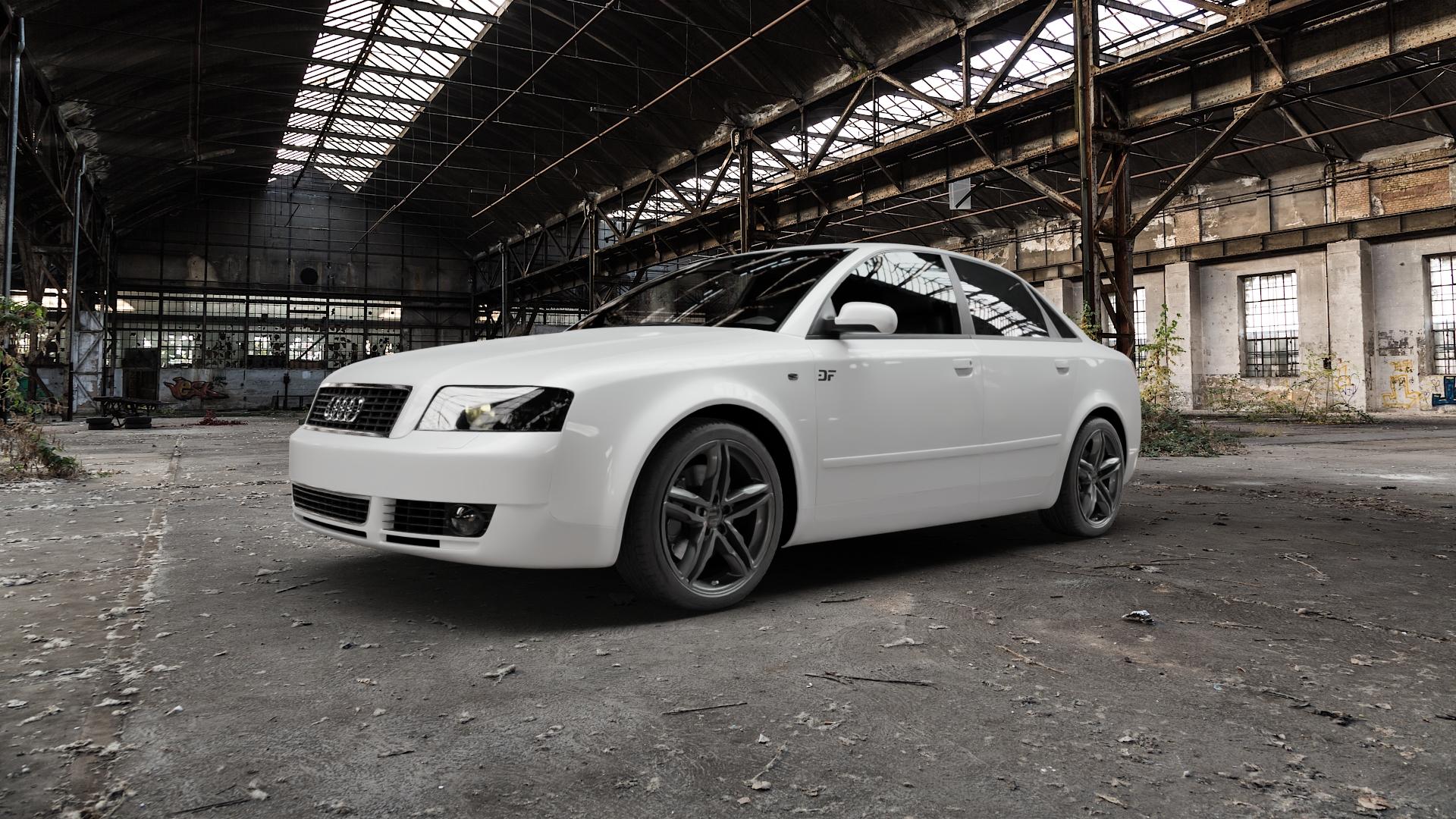 2DRV WH11 Dark Gunmetal lackiert Felge mit Reifen grau anthrazit in 18Zoll Winterfelge Alufelge auf weissem Audi A4 Typ 8E2/B6 (Limousine) ⬇️ mit 15mm Tieferlegung ⬇️ Old Industrial Hall_max5000mm_2022 Frontansicht_1
