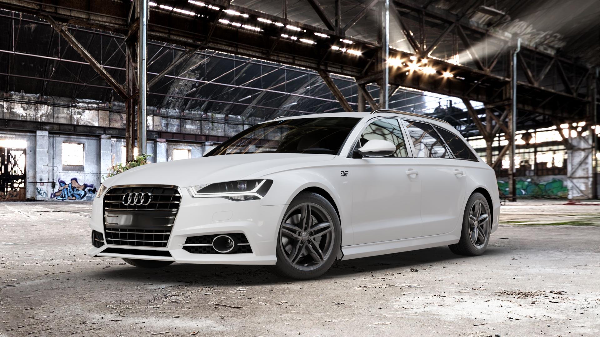 2DRV WH11 Dark Gunmetal lackiert Felge mit Reifen grau anthrazit in 18Zoll Winterfelge Alufelge auf weissem Audi A6 Typ 4G/C7 (Avant) Facelift ⬇️ mit 15mm Tieferlegung ⬇️ Old Industrial Hall_max_5300mm_2024 Frontansicht_1