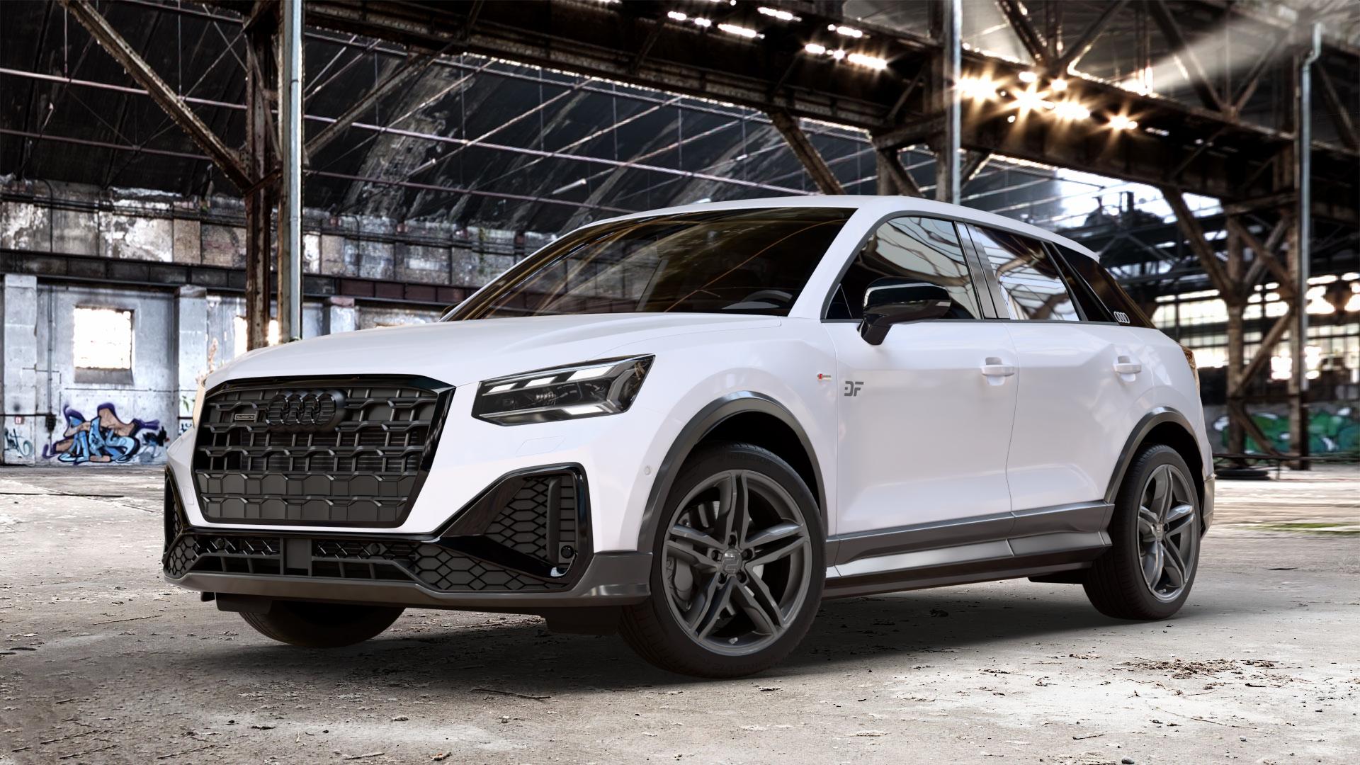 2DRV WH11 Dark Gunmetal lackiert Felge mit Reifen grau anthrazit in 18Zoll Winterfelge Alufelge auf weißem Audi Q2 Typ GA Facelift ⬇️ mit 15mm Tieferlegung ⬇️ Old Industrial Hall_max_4400mm_2024 Frontansicht_1