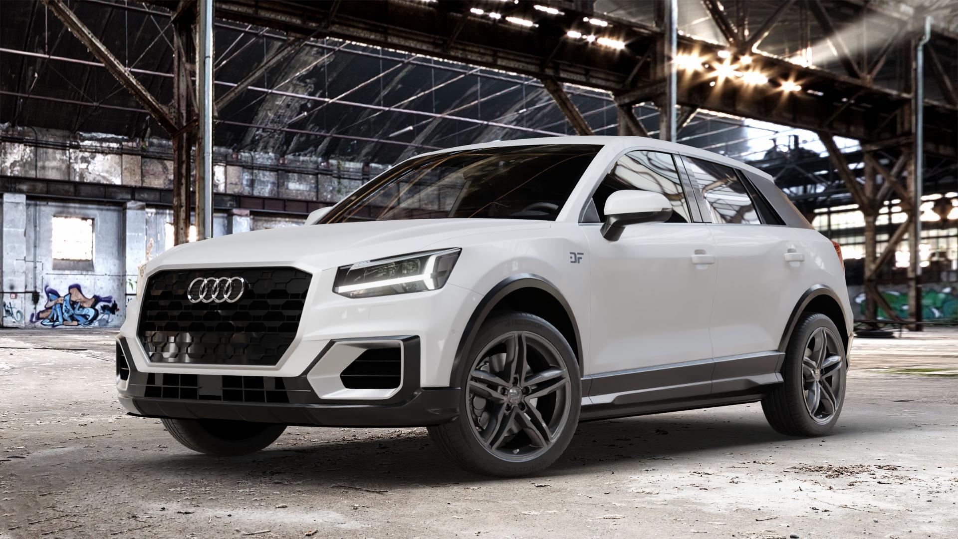 2DRV WH11 Dark Gunmetal lackiert Felge mit Reifen grau anthrazit in 18Zoll Winterfelge Alufelge auf weissem Audi Q2 Typ GA ⬇️ mit 15mm Tieferlegung ⬇️ Old Industrial Hall_max_4400mm_2024 Frontansicht_1