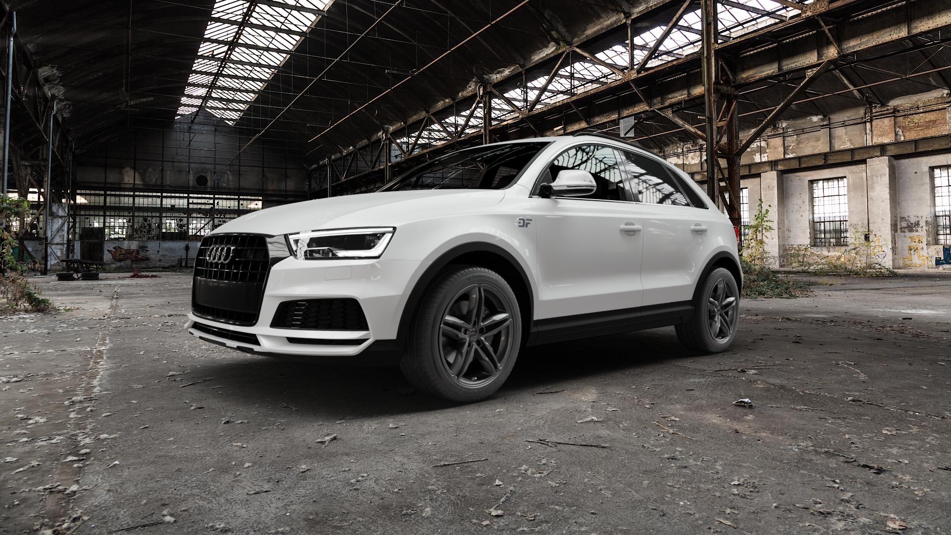 2DRV WH11 Dark Gunmetal lackiert Felge mit Reifen grau anthrazit in 18Zoll Winterfelge Alufelge auf weissem Audi Q3 I Typ 8U Facelift ⬇️ mit 15mm Tieferlegung ⬇️ Old Industrial Hall_max5000mm_2022 Frontansicht_1
