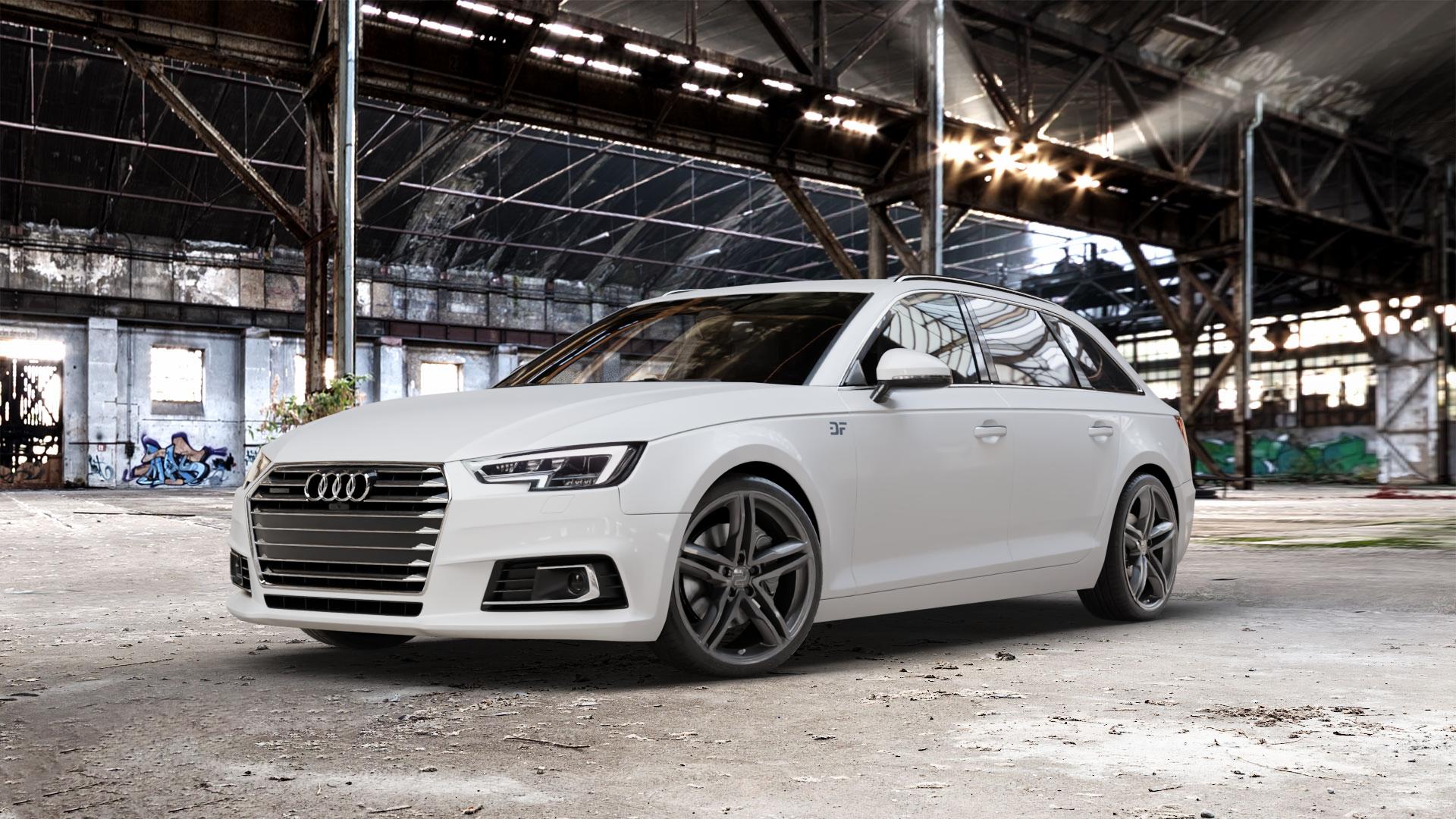 2DRV WH11 Dark Gunmetal lackiert Felge mit Reifen grau anthrazit in 19Zoll Winterfelge Alufelge auf weissem Audi A4 Typ B9 (Avant) ⬇️ mit 15mm Tieferlegung ⬇️ Old Industrial Hall_max_5300mm_2024 Frontansicht_1