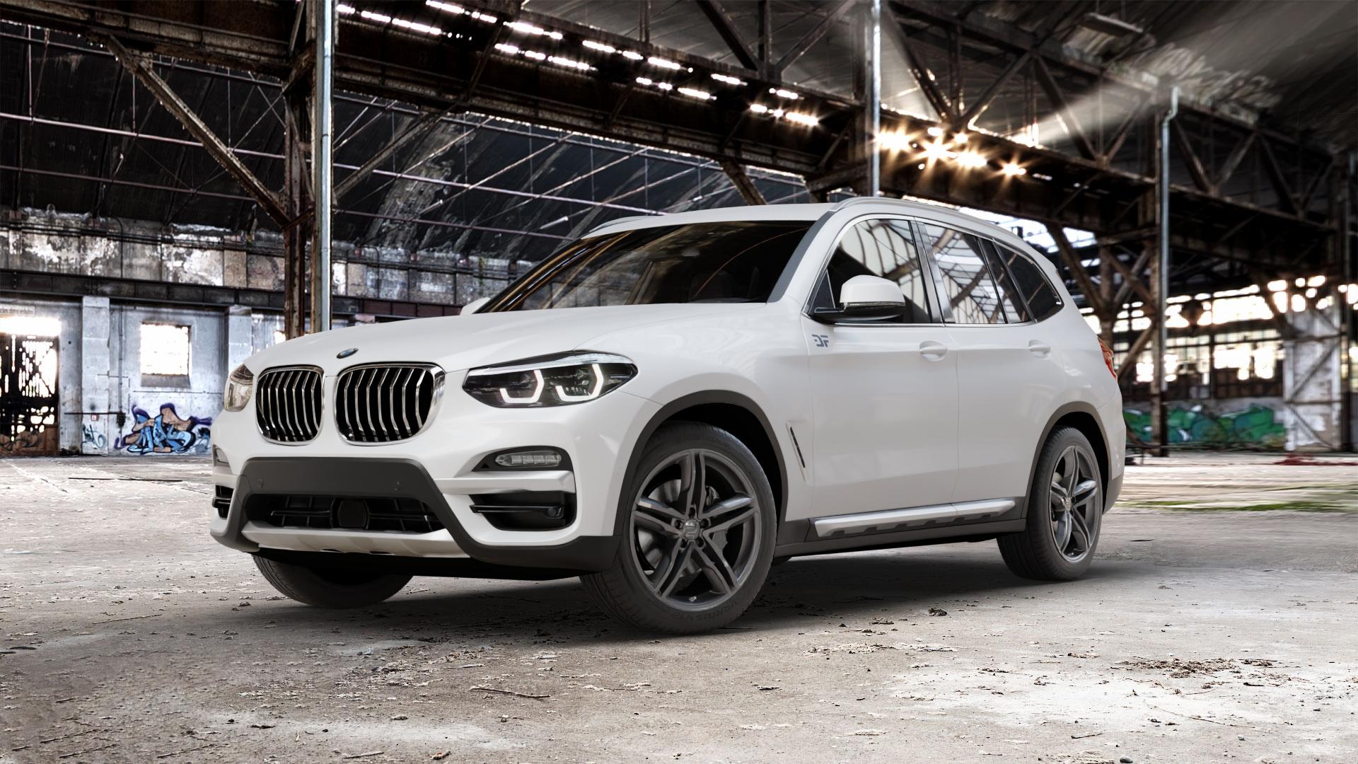 2DRV WH11 Dark Gunmetal lackiert Felge mit Reifen grau anthrazit in 19Zoll Winterfelge Alufelge auf weissem BMW X3 Typ G01 (G3X) ⬇️ mit 15mm Tieferlegung ⬇️ Old Industrial Hall_max_5300mm_2024 Frontansicht_1