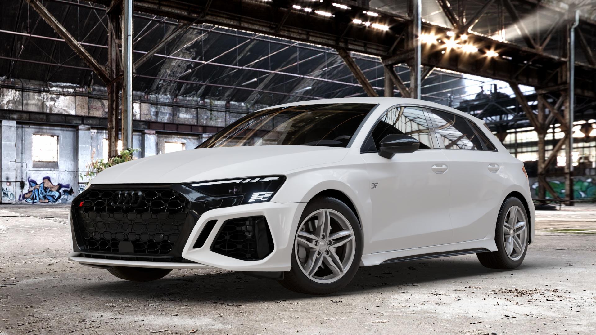 2DRV WH11 Daytona Grau lackiert Felge mit Reifen in 17Zoll Winterfelge Alufelge auf weissem Audi A3 Typ GY (Sportback) 2,5l TFSI quattro 294kW RS3 (400 PS) 299kW (407 ⬇️ mit 15mm Tieferlegung ⬇️ Old Industrial Hall_max_4400mm_2024 Frontansicht_1