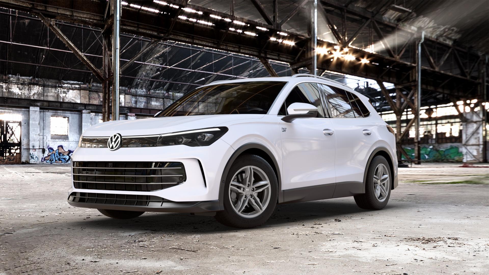 2DRV WH11 Daytona Grau lackiert Felge mit Reifen in 17Zoll Winterfelge Alufelge auf weissem Volkswagen (VW) Tiguan III Typ CT ⬇️ mit 15mm Tieferlegung ⬇️ Old Industrial Hall_max_5300mm_2024 Frontansicht_1