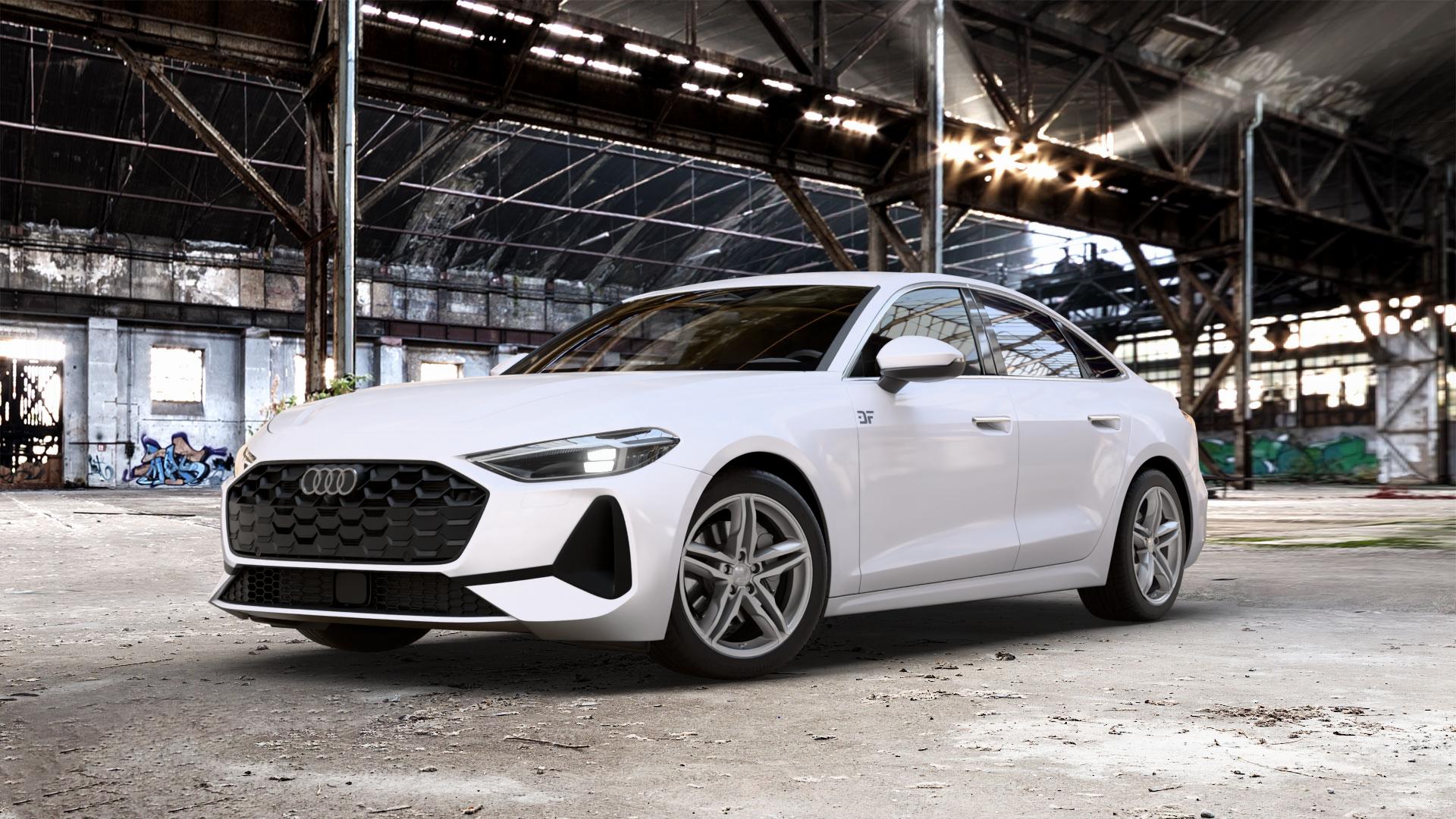 2DRV WH11 Daytona Grau lackiert Felge mit Reifen in 18Zoll Winterfelge Alufelge auf weissem Audi A5 Typ B10 (Limousine) 2,0l TDI 150kW Mild-Hybrid (204 PS) quattro TSI 110kW (150 3,0l S5 270kW (367 ⬇️ mit 15mm Tieferlegung ⬇️ Old Industrial Hall_max_5300mm_2024 Frontansicht_1