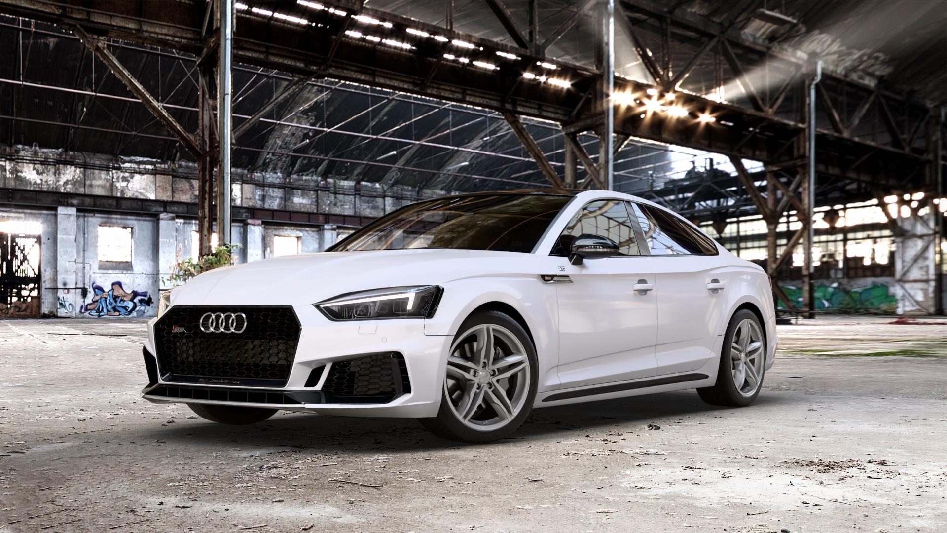 2DRV WH11 Daytona Grau lackiert Felge mit Reifen in 18Zoll Winterfelge Alufelge auf weissem Audi A5 Typ B9 (Sportback) 3,0l S5 TFSI quattro 260kW (354 PS) 2,9l RS5 331kW (450 TDI 255kW Mild-Hybrid (347 ⬇️ mit 15mm Tieferlegung ⬇️ Old Industrial Hall_max_5300mm_2024 Frontansicht_1