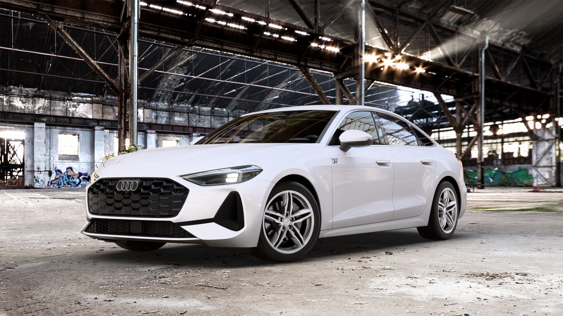 2DRV WH11 Race Silber lackiert Felge mit Reifen in 18Zoll Winterfelge Alufelge auf weissem Audi A5 Typ B10 (Limousine) 2,0l TDI 150kW Mild-Hybrid (204 PS) quattro TSI 110kW (150 3,0l S5 270kW (367 ⬇️ mit 15mm Tieferlegung ⬇️ Old Industrial Hall_max_5300mm_2024 Frontansicht_1