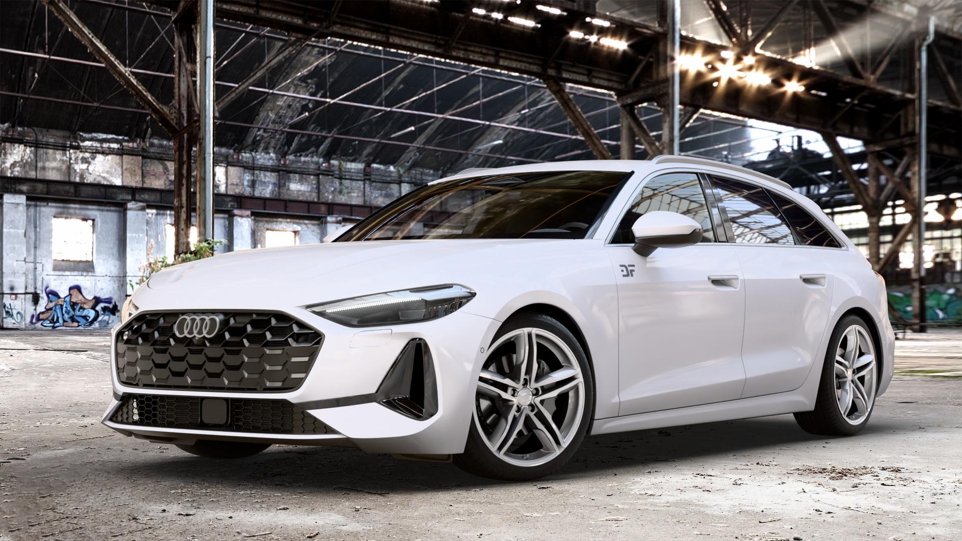 2DRV WH11 Race Silber lackiert Felge mit Reifen in 19Zoll Winterfelge Alufelge auf weissem Audi A5 Typ B10 (Avant) 2,0l TDI 150kW Mild-Hybrid (204 PS) quattro TSI 110kW (150 ⬇️ mit 15mm Tieferlegung ⬇️ Old Industrial Hall_max_4400mm_2024 Frontansicht_1