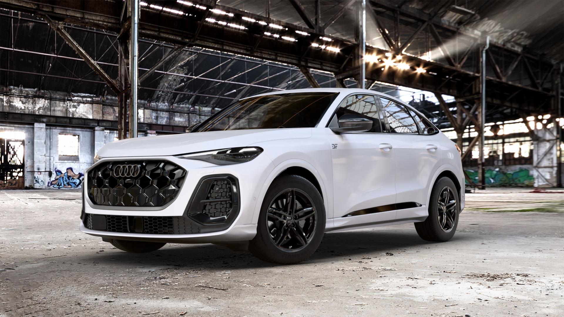 2DRV WH11 Schwarz glänzend lackiert Felge mit Reifen in 18Zoll Winterfelge Alufelge auf weissem Audi Q5 III Typ GU (FY) Sportback ⬇️ mit 15mm Tieferlegung ⬇️ Old Industrial Hall_max_5300mm_2024 Frontansicht_1
