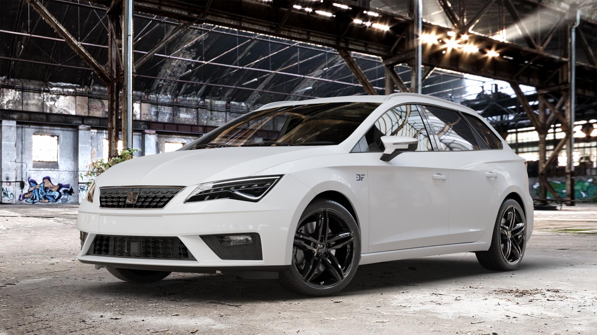 2DRV WH11 Schwarz glänzend lackiert Felge mit Reifen in 18Zoll Winterfelge Alufelge auf weissem Seat Leon Typ 5F ST Facelift ⬇️ mit 15mm Tieferlegung ⬇️ Old Industrial Hall_max_4400mm_2024 Frontansicht_1