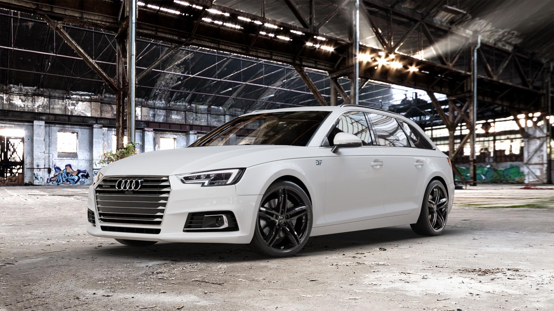 2DRV WH11 Schwarz glänzend lackiert Felge mit Reifen in 19Zoll Winterfelge Alufelge auf weissem Audi A4 Typ B9 (Avant) ⬇️ mit 15mm Tieferlegung ⬇️ Old Industrial Hall_max_5300mm_2024 Frontansicht_1