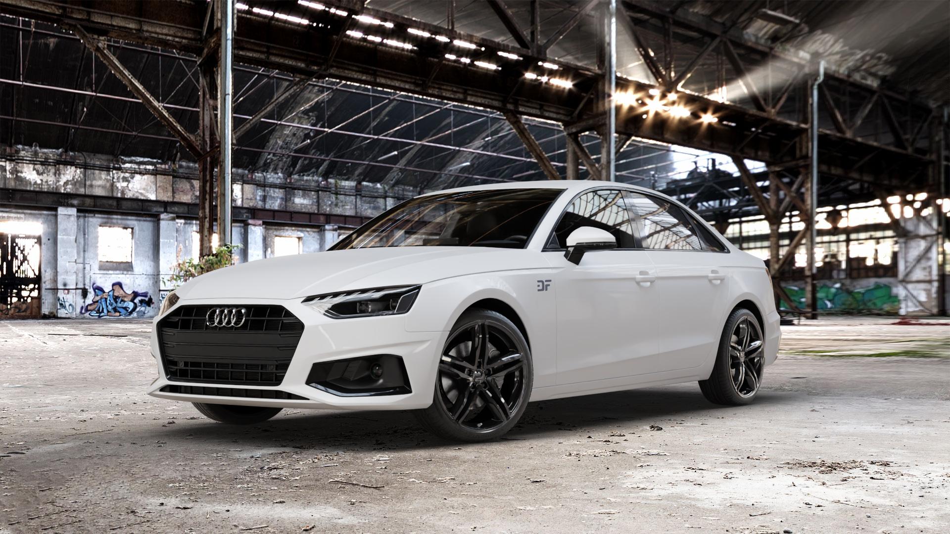 2DRV WH11 Schwarz glänzend lackiert Felge mit Reifen in 19Zoll Winterfelge Alufelge auf weissem Audi A4 Typ B9 (Limousine) Facelift ⬇️ mit 15mm Tieferlegung ⬇️ Old Industrial Hall_max_5300mm_2024 Frontansicht_1