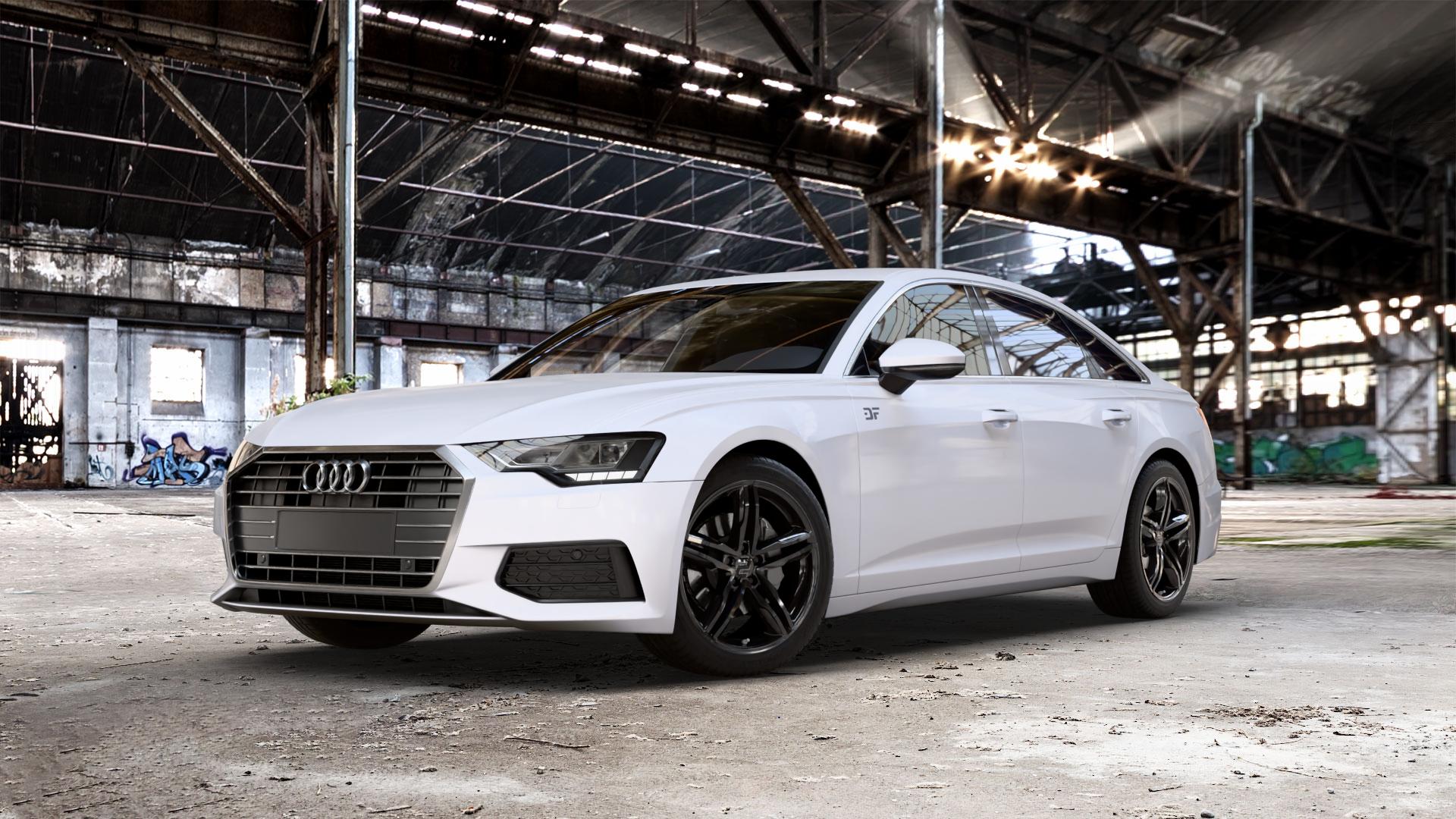 2DRV WH11 Schwarz glänzend lackiert Felge mit Reifen in 19Zoll Winterfelge Alufelge auf weissem Audi A6 Typ F2/C8 (Limousine) ⬇️ mit 15mm Tieferlegung ⬇️ Old Industrial Hall_max_5300mm_2024 Frontansicht_1