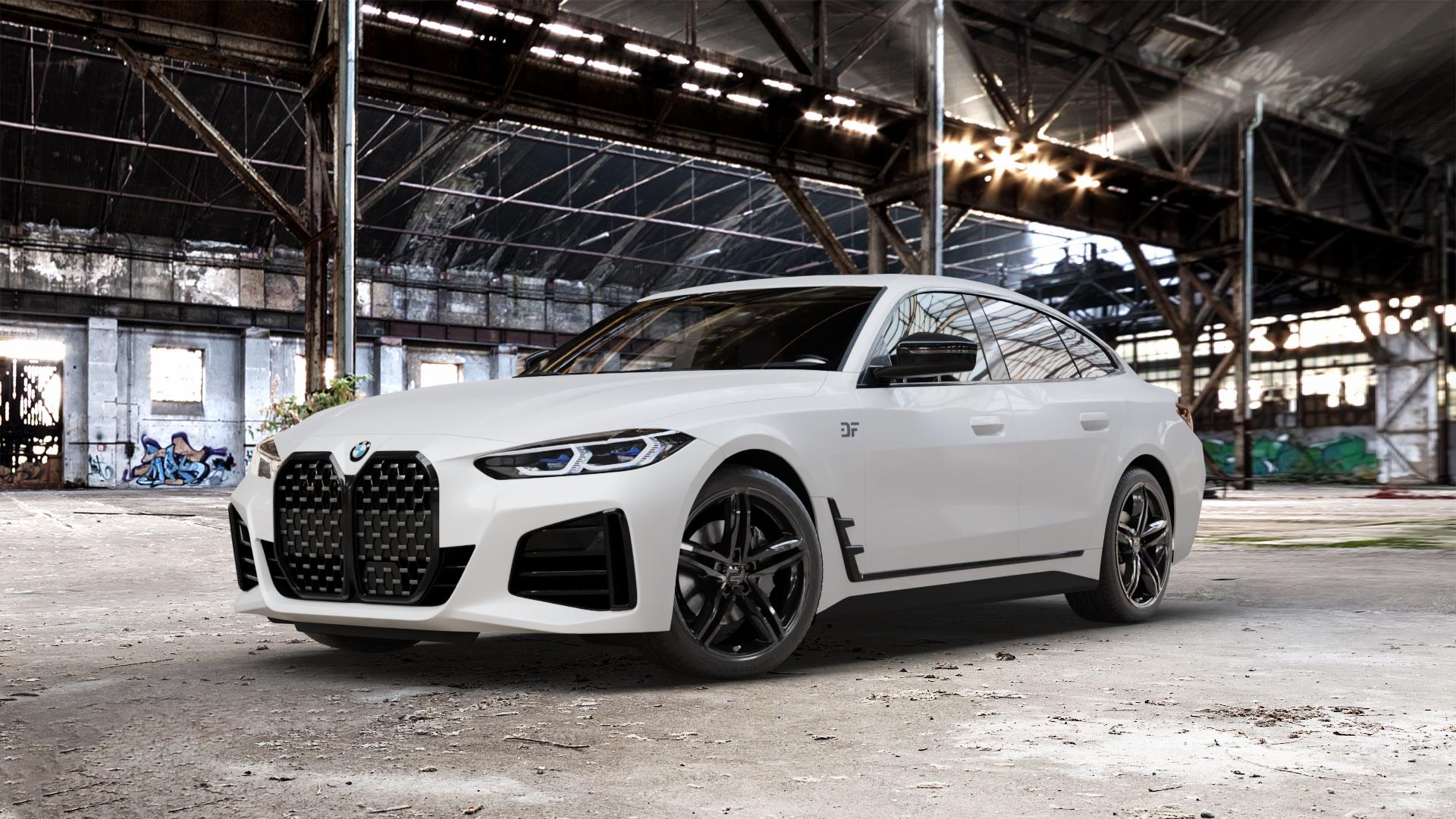 2DRV WH11 Schwarz glänzend lackiert Felge mit Reifen in 19Zoll Winterfelge Alufelge auf weissem BMW 4er G26 Gran Coupe (G4C) ⬇️ mit 15mm Tieferlegung ⬇️ Old Industrial Hall_max_5300mm_2024 Frontansicht_1