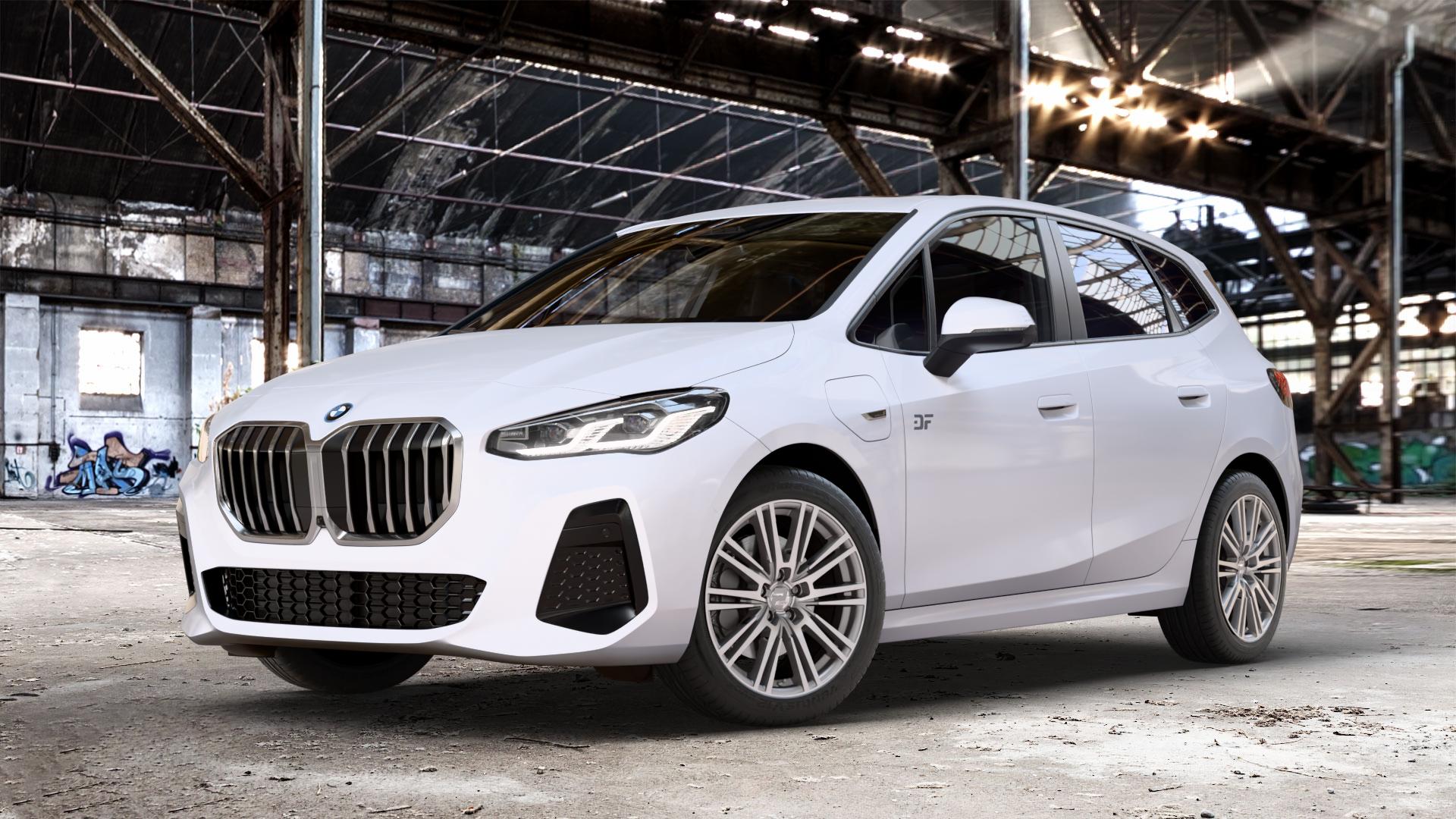 2DRV WH18 Daytona Grau Hochglanzpoliert Felge mit Reifen silber mehrfarbig in 18Zoll Winterfelge Alufelge auf weissem BMW 2er U06 Active Tourer (U2AT) ⬇️ mit 15mm Tieferlegung ⬇️ Old Industrial Hall_max_4400mm_2024 Frontansicht_1