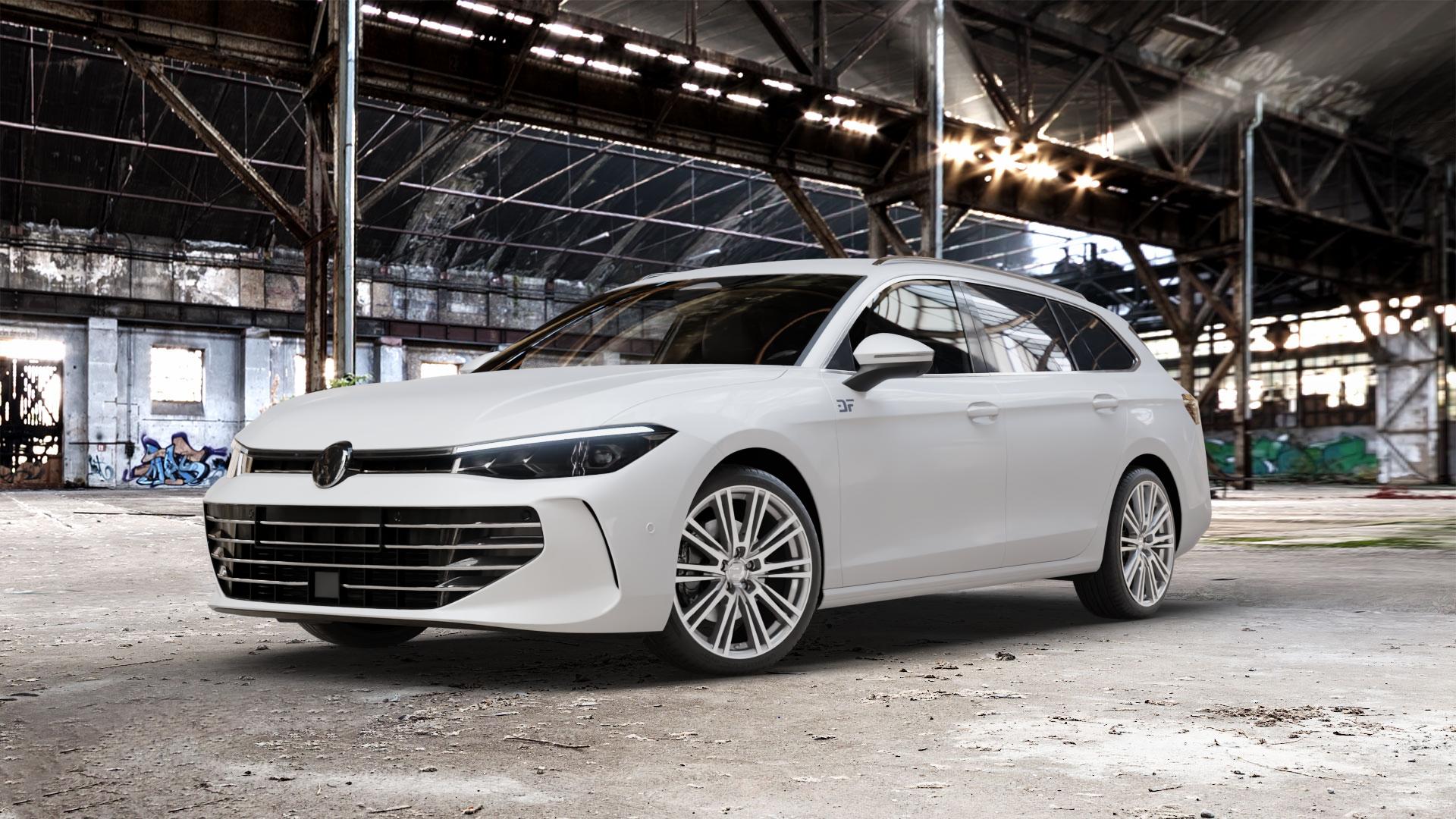 2DRV WH18 Daytona Grau Hochglanzpoliert Felge mit Reifen silber mehrfarbig in 19Zoll Winterfelge Alufelge auf weissem Volkswagen (VW) Passat CJ/B9 Variant ⬇️ mit 15mm Tieferlegung ⬇️ Old Industrial Hall_max_5300mm_2024 Frontansicht_1