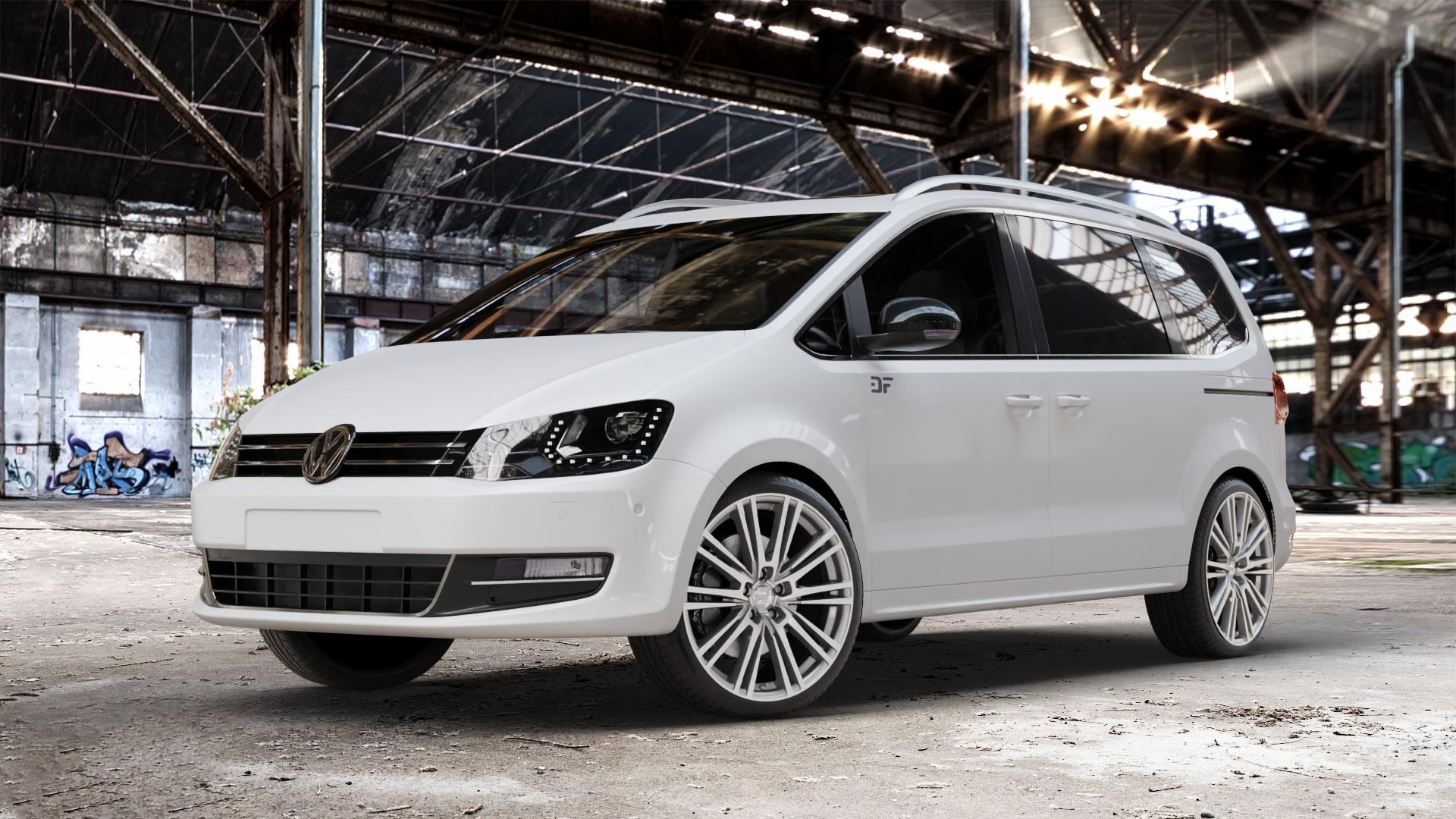 2DRV WH18 Daytona Grau Hochglanzpoliert Felge mit Reifen silber mehrfarbig in 19Zoll Winterfelge Alufelge auf weissem Volkswagen (VW) Sharan III Typ 7N (15->) ⬇️ mit 15mm Tieferlegung ⬇️ Old Industrial Hall_max_4400mm_2024 Frontansicht_1
