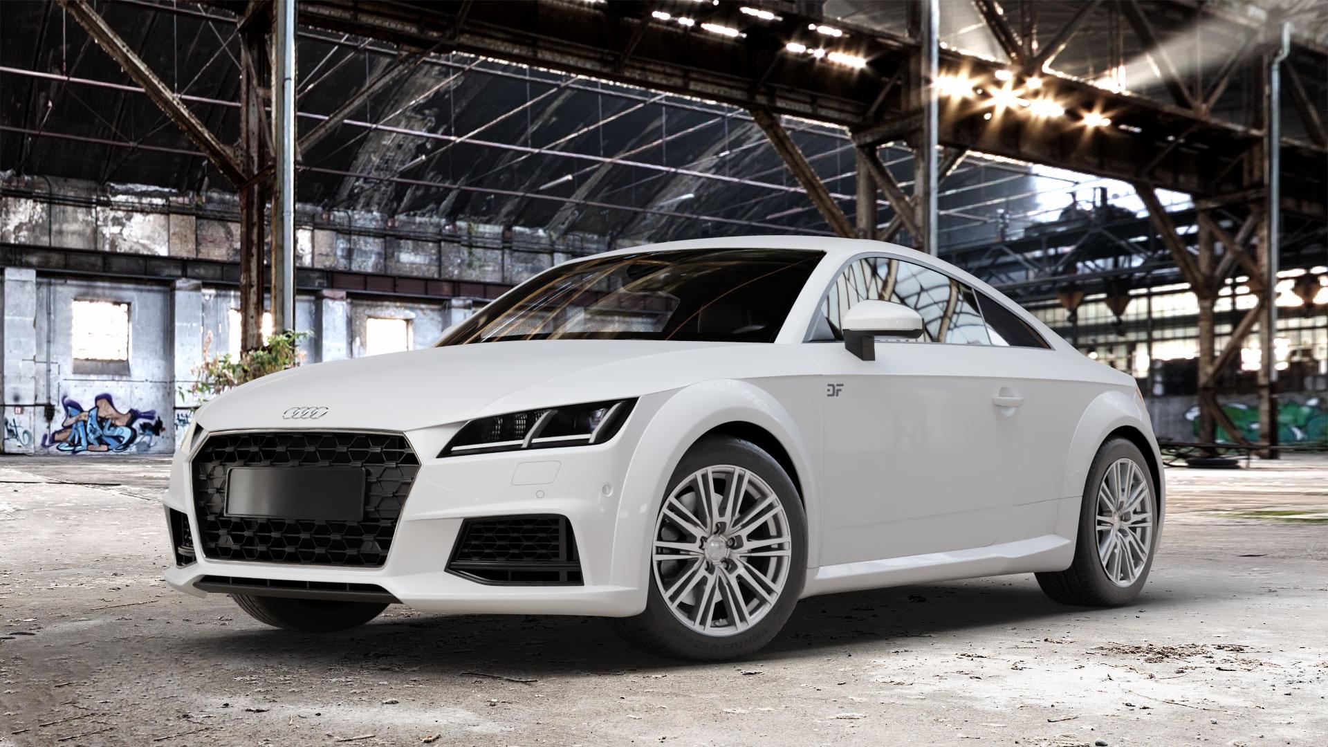 2DRV WH18 Daytona Grau lackiert Felge mit Reifen in 17Zoll Winterfelge Alufelge auf weissem Audi TT III Typ 8S Facelift (Coupé) (Roadster) ⬇️ mit 15mm Tieferlegung ⬇️ Old Industrial Hall_max_4400mm_2024 Frontansicht_1