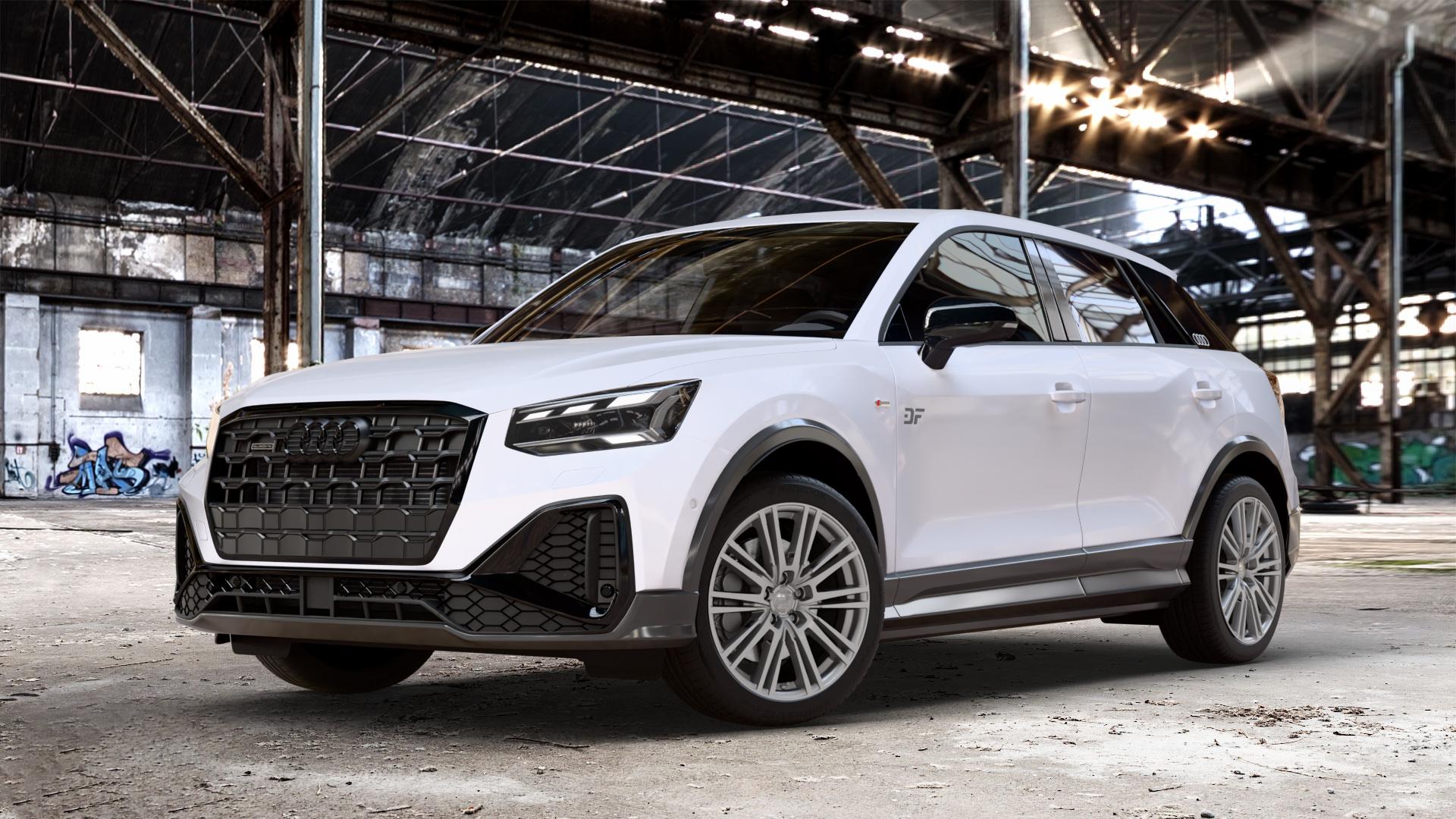 2DRV WH18 Daytona Grau lackiert Felge mit Reifen in 18Zoll Winterfelge Alufelge auf weißem Audi Q2 Typ GA Facelift ⬇️ mit 15mm Tieferlegung ⬇️ Old Industrial Hall_max_4400mm_2024 Frontansicht_1