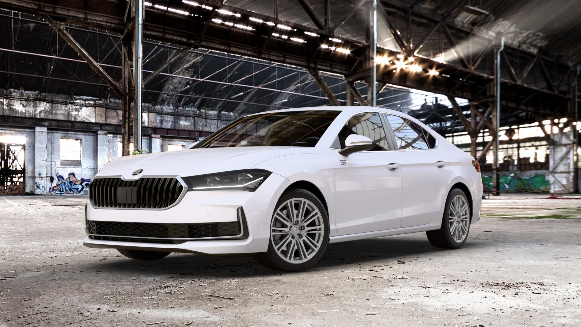 2DRV WH18 Daytona Grau lackiert Felge mit Reifen in 18Zoll Winterfelge Alufelge auf weissem Skoda Superb IV Typ NZ ⬇️ mit 15mm Tieferlegung ⬇️ Old Industrial Hall_max_5300mm_2024 Frontansicht_1