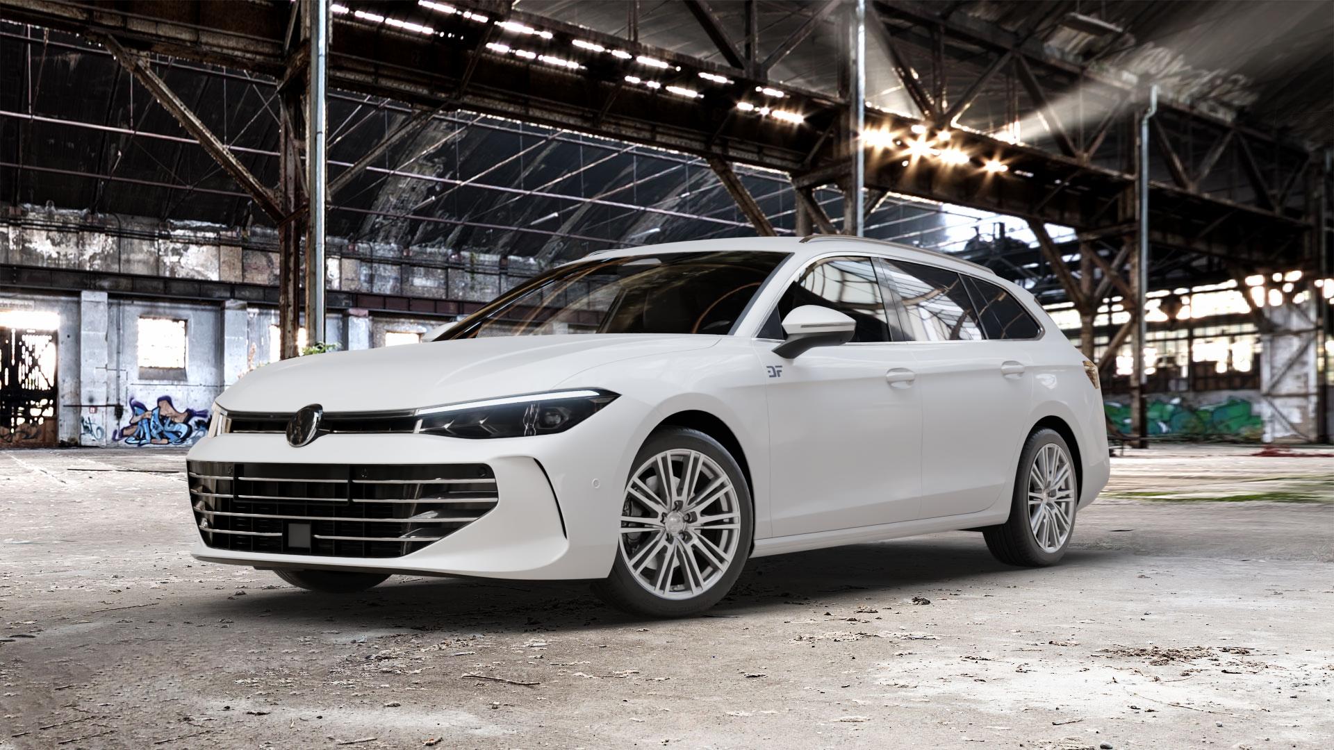 2DRV WH18 Daytona Grau lackiert Felge mit Reifen in 18Zoll Winterfelge Alufelge auf weissem Volkswagen (VW) Passat CJ/B9 Variant ⬇️ mit 15mm Tieferlegung ⬇️ Old Industrial Hall_max_5300mm_2024 Frontansicht_1