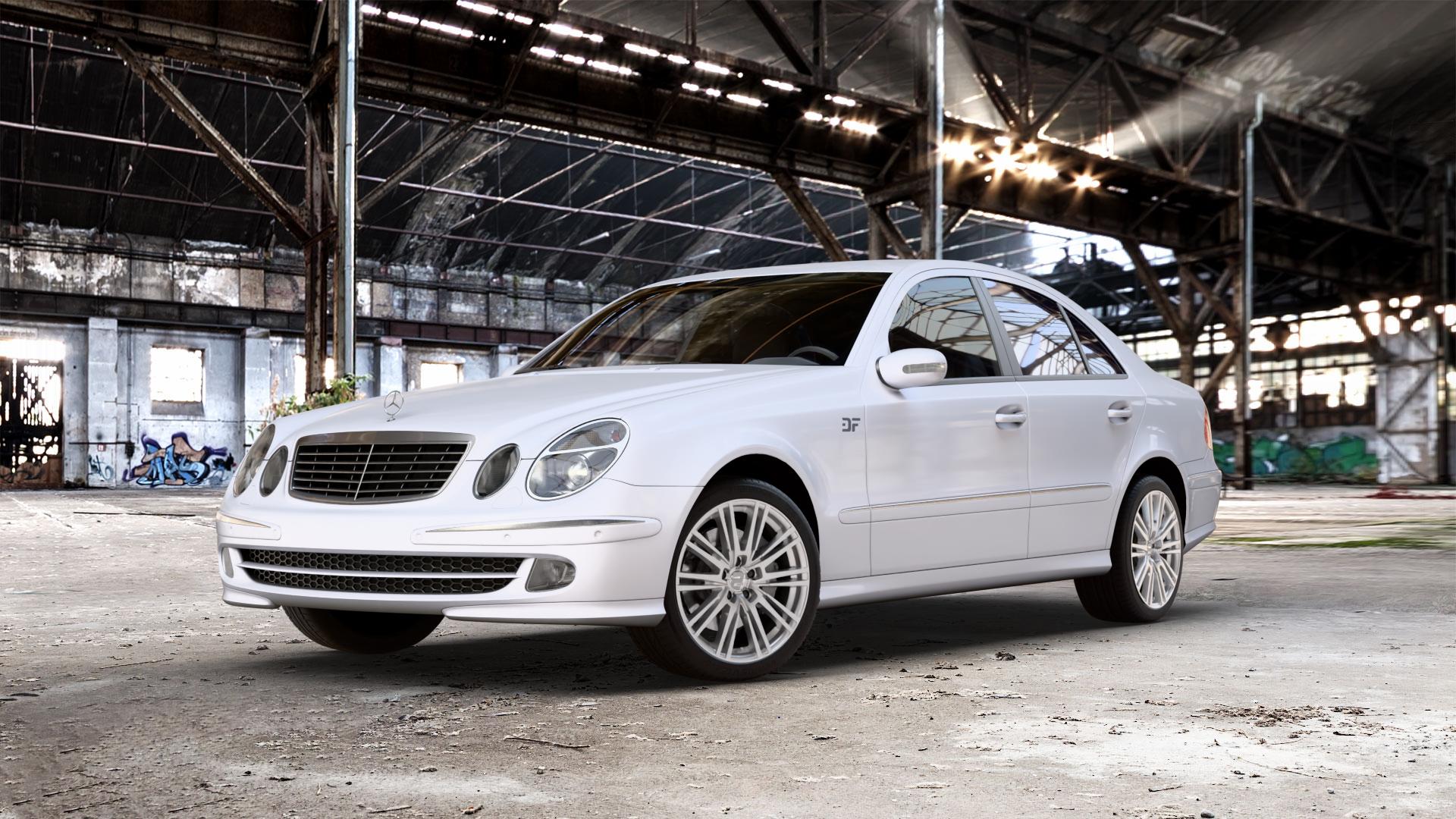 2DRV WH18 Race Silber lackiert Felge mit Reifen in 18Zoll Winterfelge Alufelge auf weissem Mercedes E-Klasse Typ W211 Limousine ⬇️ mit 15mm Tieferlegung ⬇️ Old Industrial Hall_max_5300mm_2024 Frontansicht_1