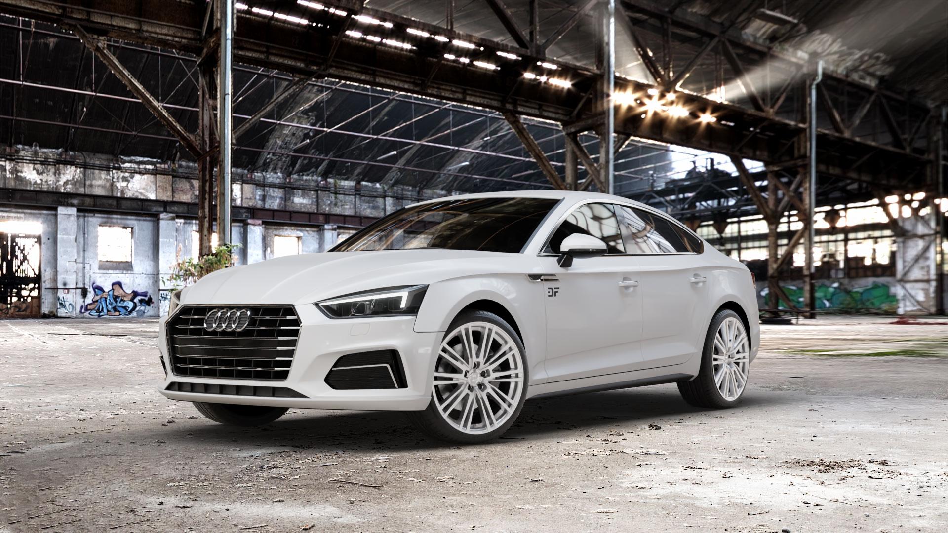 2DRV WH18 Race Silber lackiert Felge mit Reifen in 19Zoll Winterfelge Alufelge auf weissem Audi A5 Typ B9 (Sportback) 2,0l TDI 140kW (190 PS) quattro TFSI 185kW (252 3,0l 160kW (218 200kW (272 1,4l 110kW (150 183kW (249 g-tron 125kW (170 Mild-Hybrid 10 ⬇️ mit 15mm Tieferlegung ⬇️ Old Industrial Hall_max_5300mm_2024 Frontansicht_1
