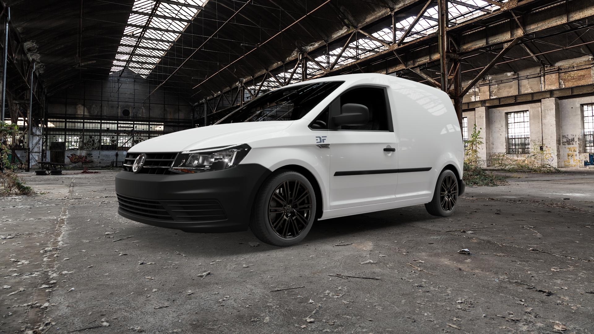 2DRV WH18 Schwarz glänzend lackiert Felge mit Reifen in 17Zoll Winterfelge Alufelge auf weissem Volkswagen (VW) Caddy 4 ⬇️ mit 15mm Tieferlegung ⬇️ Old Industrial Hall_max5000mm_2022 Frontansicht_1