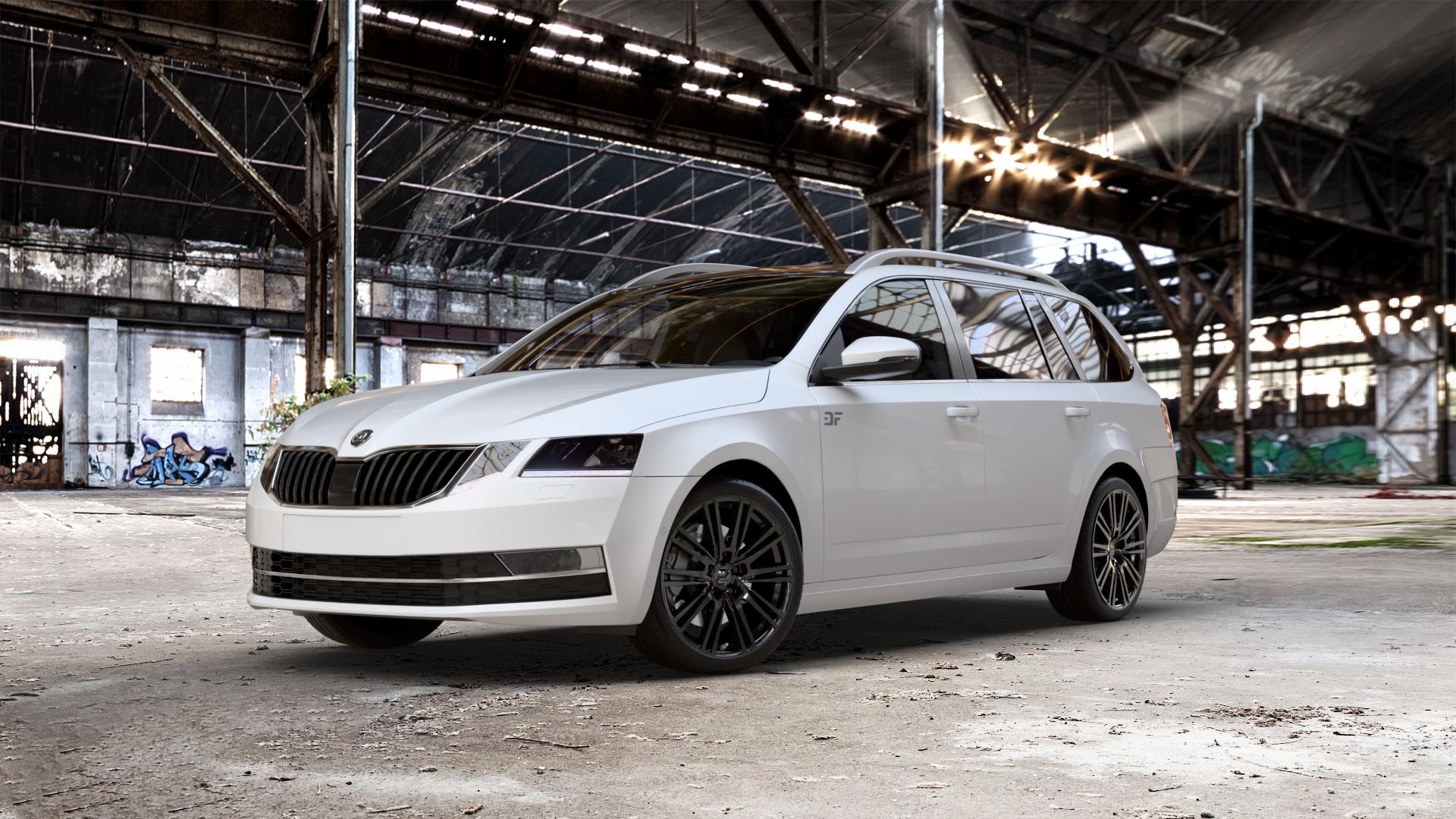2DRV WH18 Schwarz glänzend lackiert Felge mit Reifen in 18Zoll Winterfelge Alufelge auf weissem Skoda Octavia III Kombi Typ 5E Facelift ⬇️ mit 15mm Tieferlegung ⬇️ Old Industrial Hall_max_5300mm_2024 Frontansicht_1