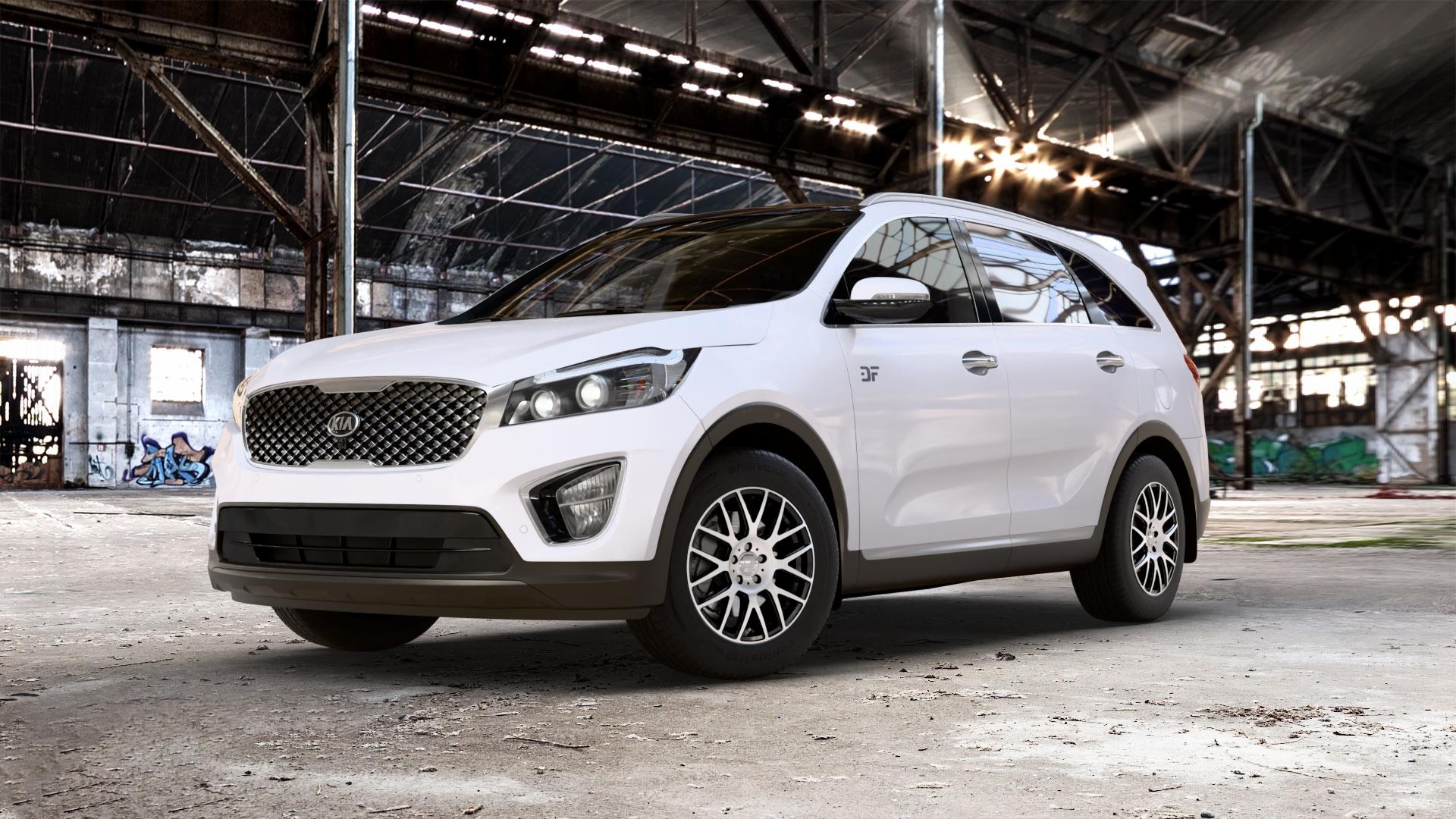 2DRV WH26 Schwarz Hochglanzpoliert Felge mit Reifen in 17Zoll Winterfelge Alufelge auf weissem Kia Sorento III Typ UM ⬇️ mit 15mm Tieferlegung ⬇️ Old Industrial Hall_max_5300mm_2024 Frontansicht_1