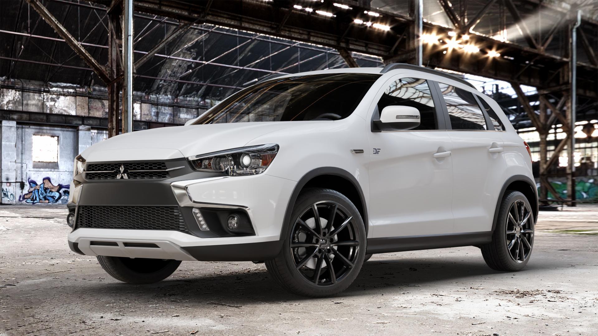 2DRV WH28 Schwarz glänzend lackiert Felge mit Reifen in 19Zoll Winterfelge Alufelge auf weissem Mitsubishi ASX Typ GA0 Facelift 16-> ⬇️ mit 15mm Tieferlegung ⬇️ Old Industrial Hall_max_4400mm_2024 Frontansicht_1
