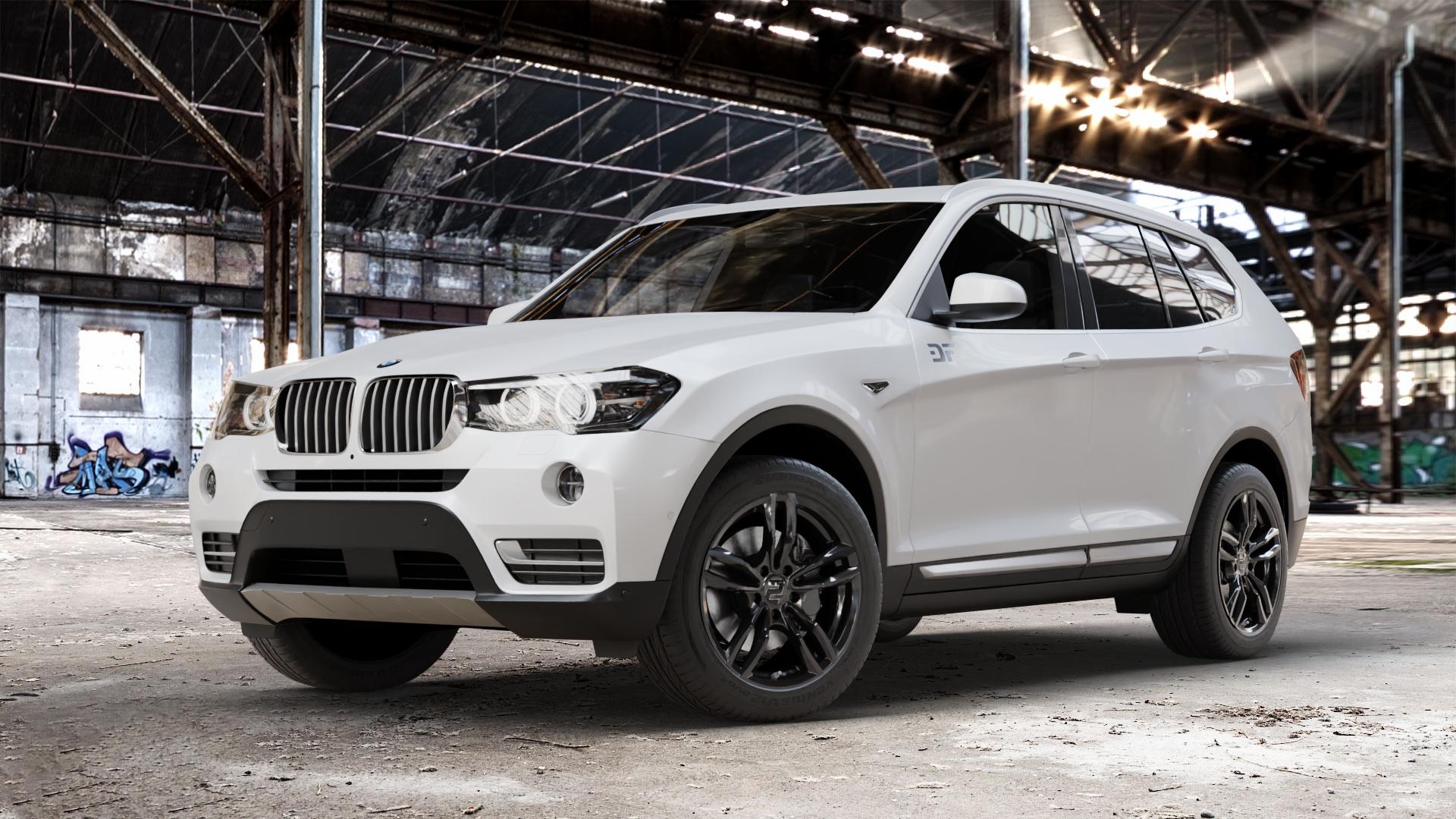2DRV WH29 Schwarz glänzend lackiert Felge mit Reifen in 18Zoll Winterfelge Alufelge auf weissem BMW X3 Typ F25 (X3, X-N1) Facelift ⬇️ mit 15mm Tieferlegung ⬇️ Old Industrial Hall_max_4400mm_2024 Frontansicht_1