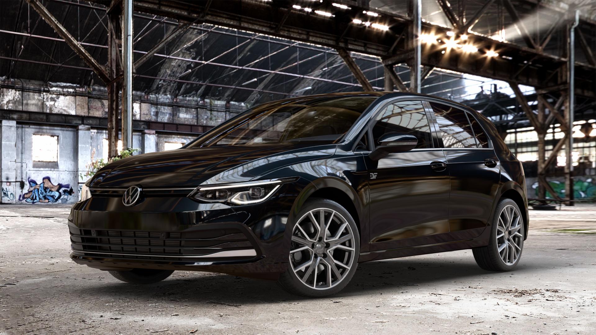 2DRV WH34 Dark Gunmetal Hochglanzpoliert Felge mit Reifen grau in 18Zoll Winterfelge Alufelge auf metallic schwarzem Volkswagen (VW) Golf 8 1,5l TSI 96kW (131 PS) 110kW (150 2,0l TDI 85kW (116 Mild-Hybrid 1,0l 81kW (110 66kW (90 1,4l Hybrid TGI 4Motion 140kW (190 ⬇️ mit 15mm Tieferlegung ⬇️ Old Industrial Hall_max_4400mm_2024 Frontansicht_1