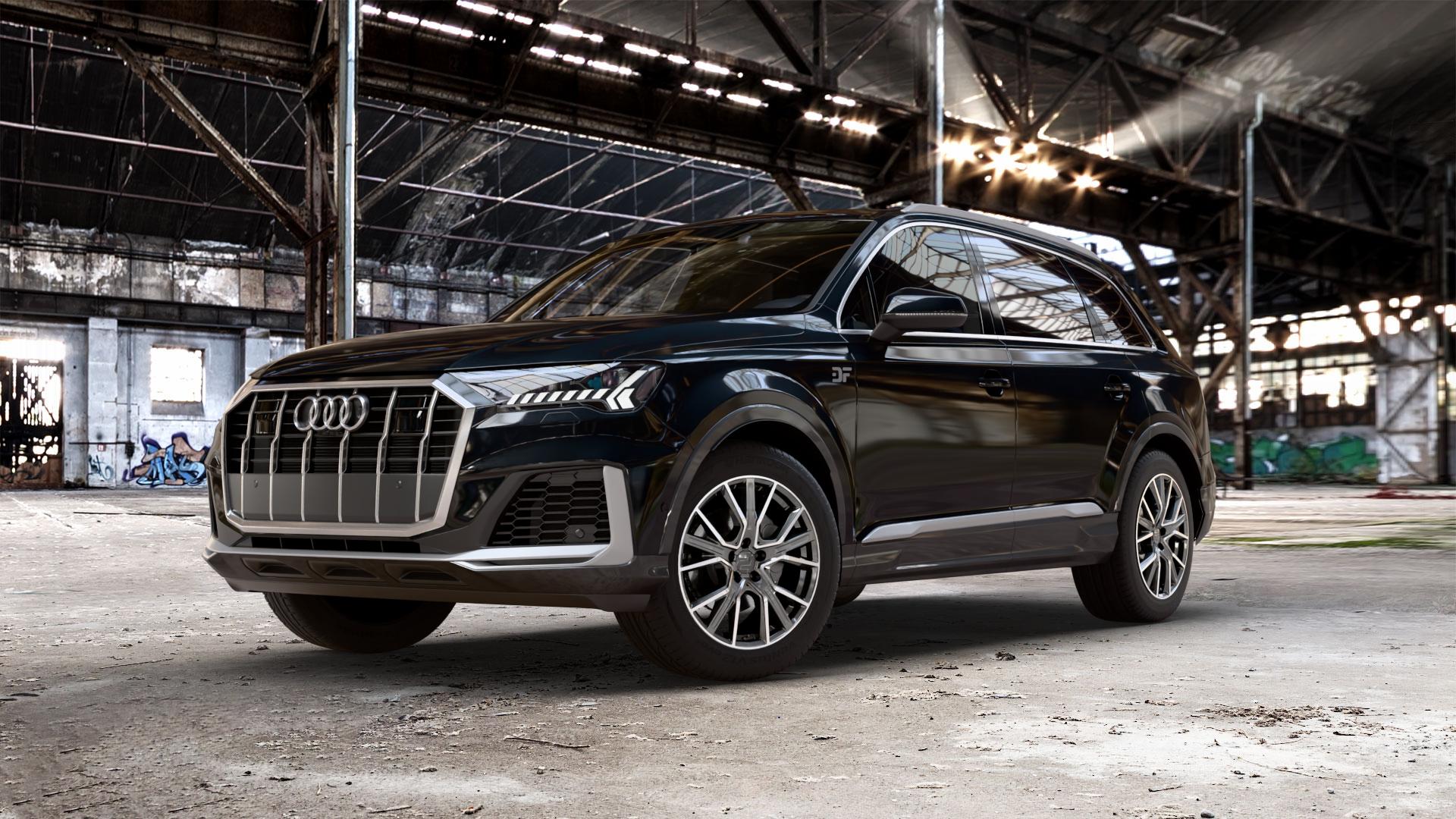 2DRV WH34 Dark Gunmetal Hochglanzpoliert Felge mit Reifen grau in 19Zoll Winterfelge Alufelge auf metallic schwarzem Audi Q7 II Typ 4M (4L) Facelift 19-> ⬇️ mit 15mm Tieferlegung ⬇️ Old Industrial Hall_max_5300mm_2024 Frontansicht_1