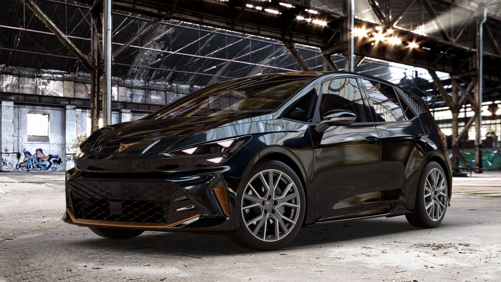 2DRV WH34 Dark Gunmetal Hochglanzpoliert Felge mit Reifen grau in 19Zoll Winterfelge Alufelge auf metallic schwarzem Cupra Born Facelift Typ K1 ⬇️ mit 15mm Tieferlegung ⬇️ Old Industrial Hall_max_4400mm_2024 Frontansicht_1
