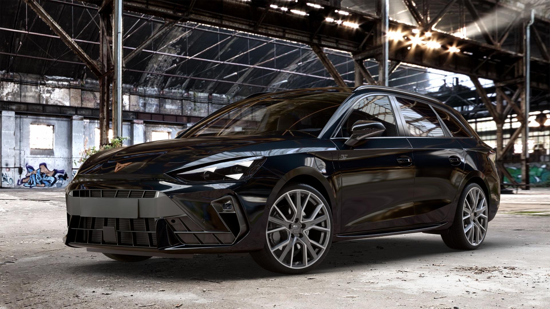 2DRV WH34 Dark Gunmetal Hochglanzpoliert Felge mit Reifen grau in 19Zoll Winterfelge Alufelge auf metallic schwarzem Cupra Leon Typ KL ST Facelift ⬇️ mit 15mm Tieferlegung ⬇️ Old Industrial Hall_max_4400mm_2024 Frontansicht_1