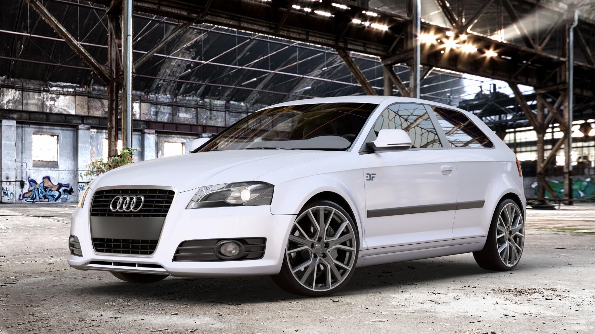 2DRV WH34 Dark Gunmetal Hochglanzpoliert Felge mit Reifen grau in 19Zoll Winterfelge Alufelge auf weißem Audi A3 Typ 8P ⬇️ mit 15mm Tieferlegung ⬇️ Old Industrial Hall_max_4400mm_2024 Frontansicht_1