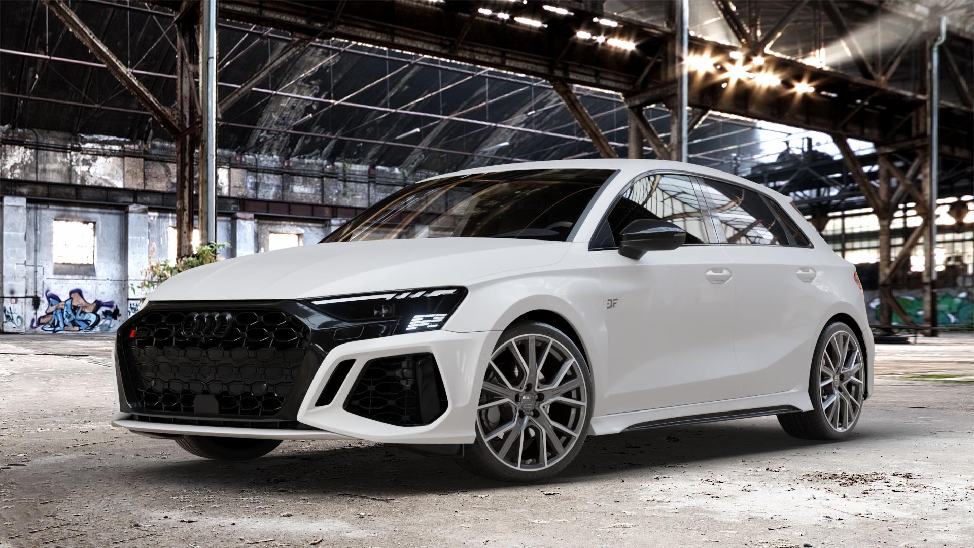 2DRV WH34 Dark Gunmetal Hochglanzpoliert Felge mit Reifen grau in 19Zoll Winterfelge Alufelge auf weissem Audi A3 Typ GY (Sportback) 2,5l TFSI quattro 294kW RS3 (400 PS) 299kW (407 ⬇️ mit 15mm Tieferlegung ⬇️ Old Industrial Hall_max_4400mm_2024 Frontansicht_1