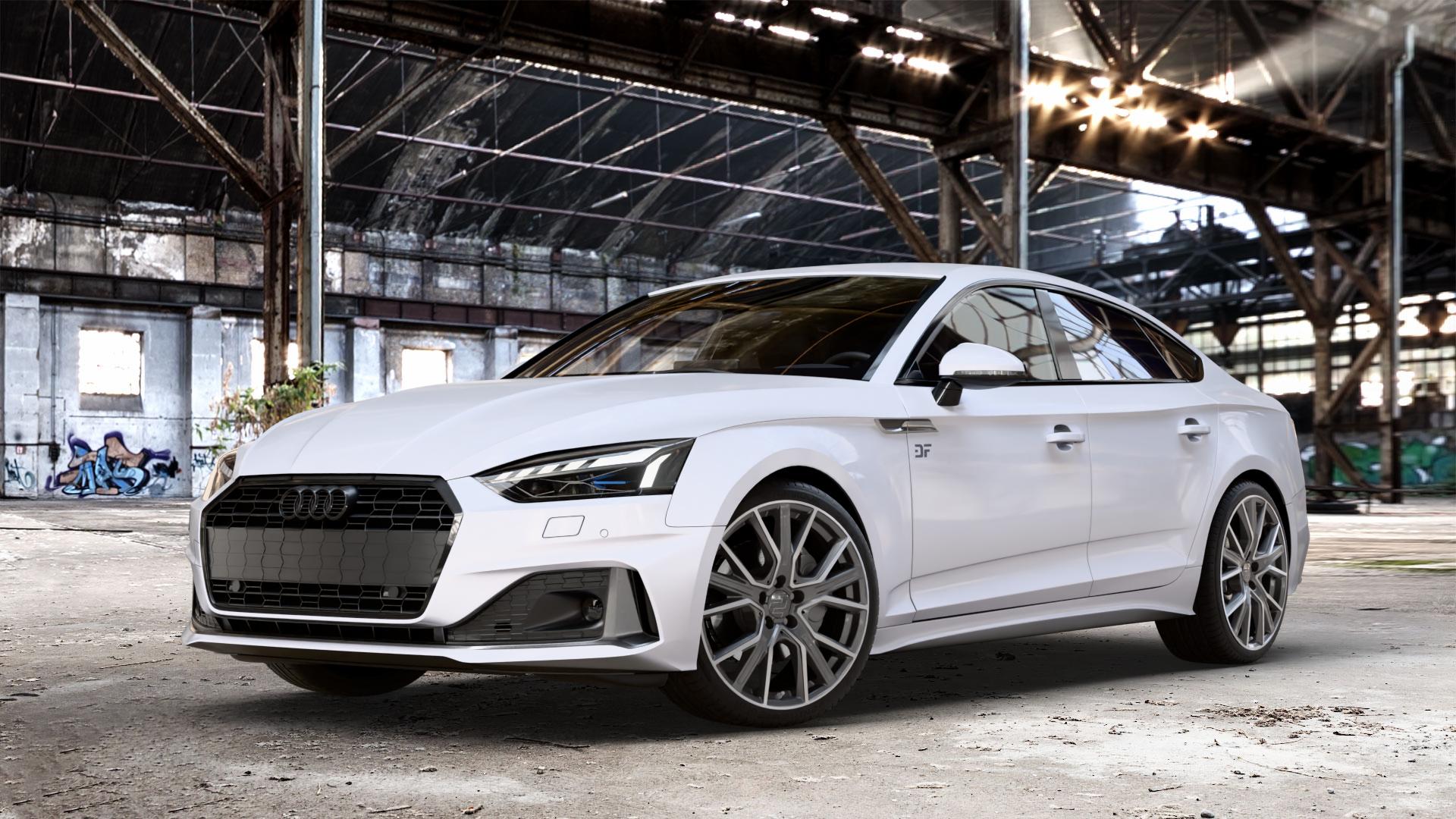 2DRV WH34 Dark Gunmetal Hochglanzpoliert Felge mit Reifen grau in 19Zoll Winterfelge Alufelge auf weissem Audi A5 Typ B9 (Sportback) Facelift ⬇️ mit 15mm Tieferlegung ⬇️ Old Industrial Hall_max_4400mm_2024 Frontansicht_1