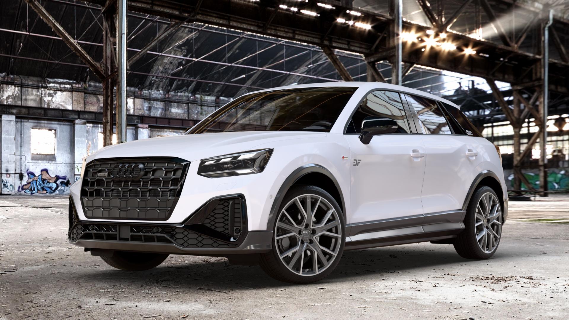 2DRV WH34 Dark Gunmetal Hochglanzpoliert Felge mit Reifen grau in 19Zoll Winterfelge Alufelge auf weißem Audi Q2 Typ GA Facelift ⬇️ mit 15mm Tieferlegung ⬇️ Old Industrial Hall_max_4400mm_2024 Frontansicht_1