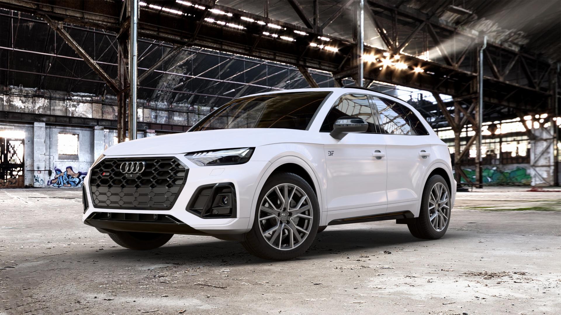 2DRV WH34 Dark Gunmetal Hochglanzpoliert Felge mit Reifen grau in 19Zoll Winterfelge Alufelge auf weissem Audi Q5 II Typ FY Facelift 3,0l SQ5 TDI quattro 251kW Mild-Hybrid (341 PS) ⬇️ mit 15mm Tieferlegung ⬇️ Old Industrial Hall_max_5300mm_2024 Frontansicht_1