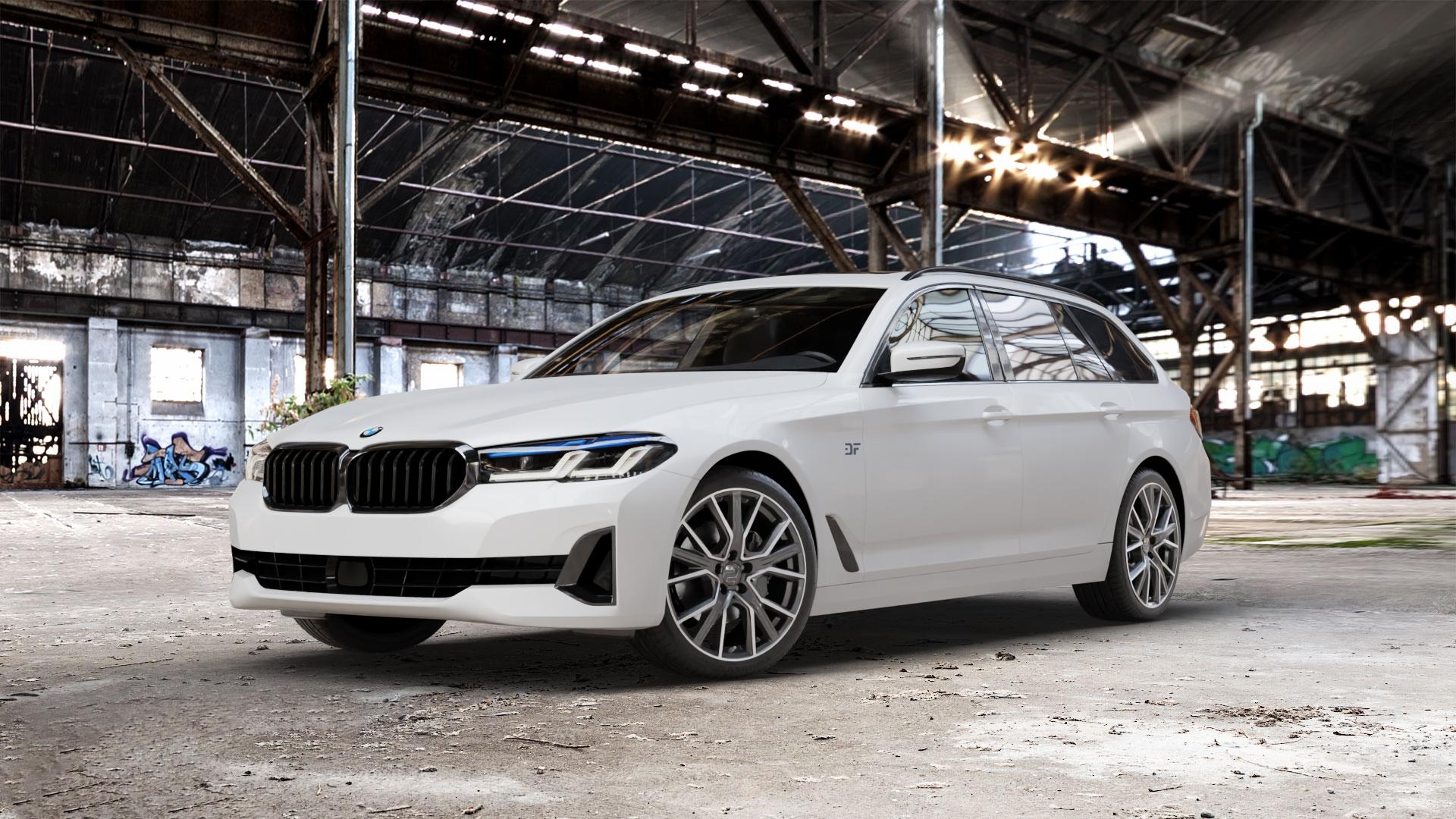 2DRV WH34 Dark Gunmetal Hochglanzpoliert Felge mit Reifen grau in 19Zoll Winterfelge Alufelge auf weissem BMW 5er G31 Touring (G5K) Facelift ⬇️ mit 15mm Tieferlegung ⬇️ Old Industrial Hall_max_5300mm_2024 Frontansicht_1