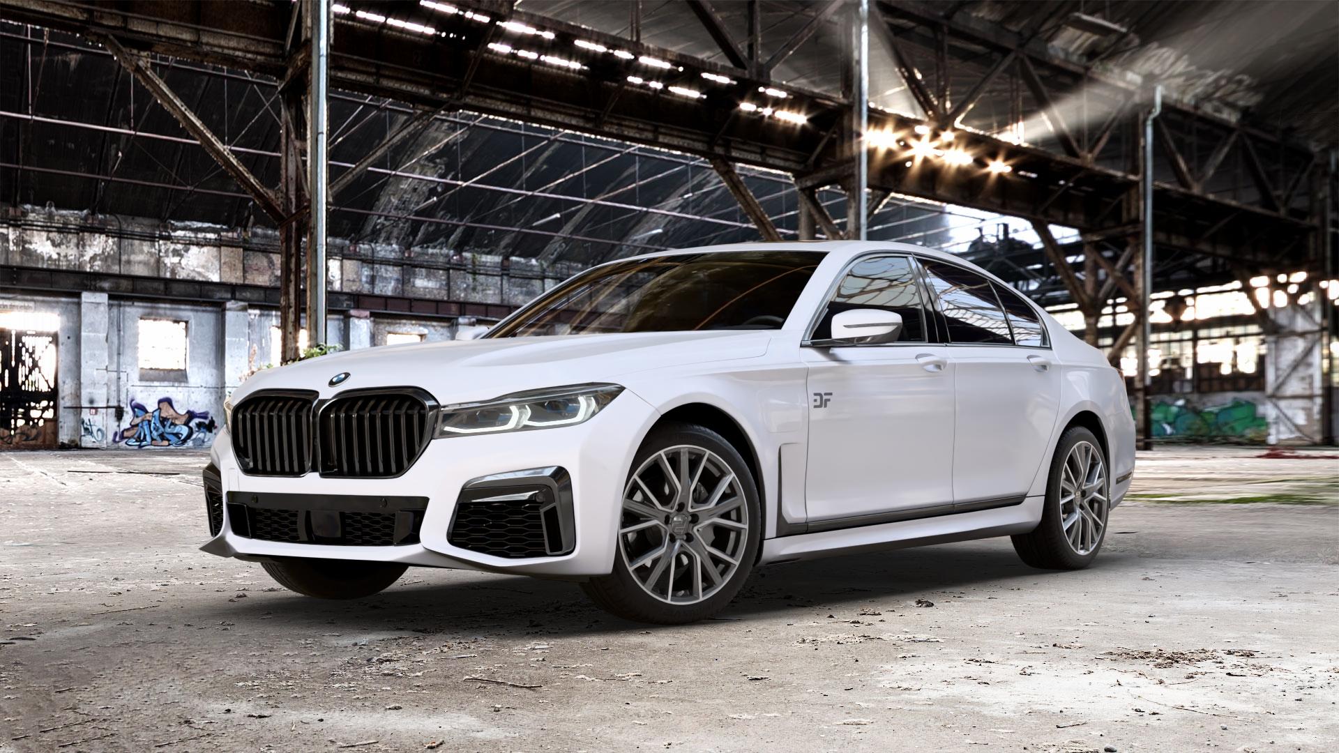 2DRV WH34 Dark Gunmetal Hochglanzpoliert Felge mit Reifen grau in 19Zoll Winterfelge Alufelge auf weissem BMW 730i Typ G11 Facelift 740i 745e 750i xDrive 7er Limousine (7L) ⬇️ mit 15mm Tieferlegung ⬇️ Old Industrial Hall_max_5300mm_2024 Frontansicht_1