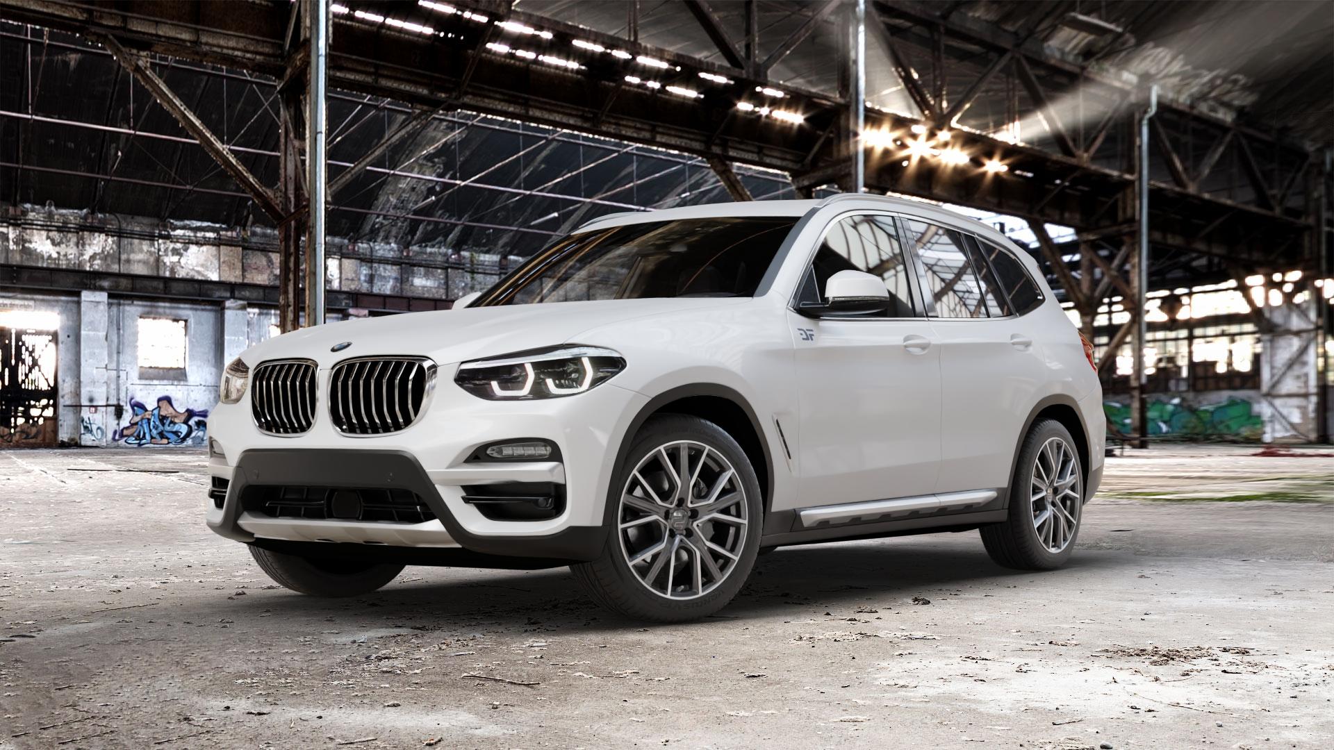 2DRV WH34 Dark Gunmetal Hochglanzpoliert Felge mit Reifen grau in 19Zoll Winterfelge Alufelge auf weissem BMW X3 Typ G01 (G3X) ⬇️ mit 15mm Tieferlegung ⬇️ Old Industrial Hall_max_5300mm_2024 Frontansicht_1