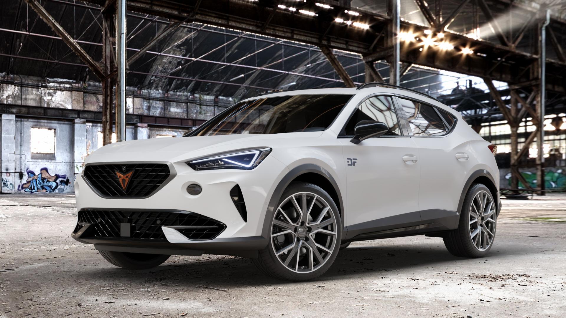 2DRV WH34 Dark Gunmetal Hochglanzpoliert Felge mit Reifen grau in 19Zoll Winterfelge Alufelge auf weissem Cupra Formentor Typ KM ⬇️ mit 15mm Tieferlegung ⬇️ Old Industrial Hall_max_4400mm_2024 Frontansicht_1