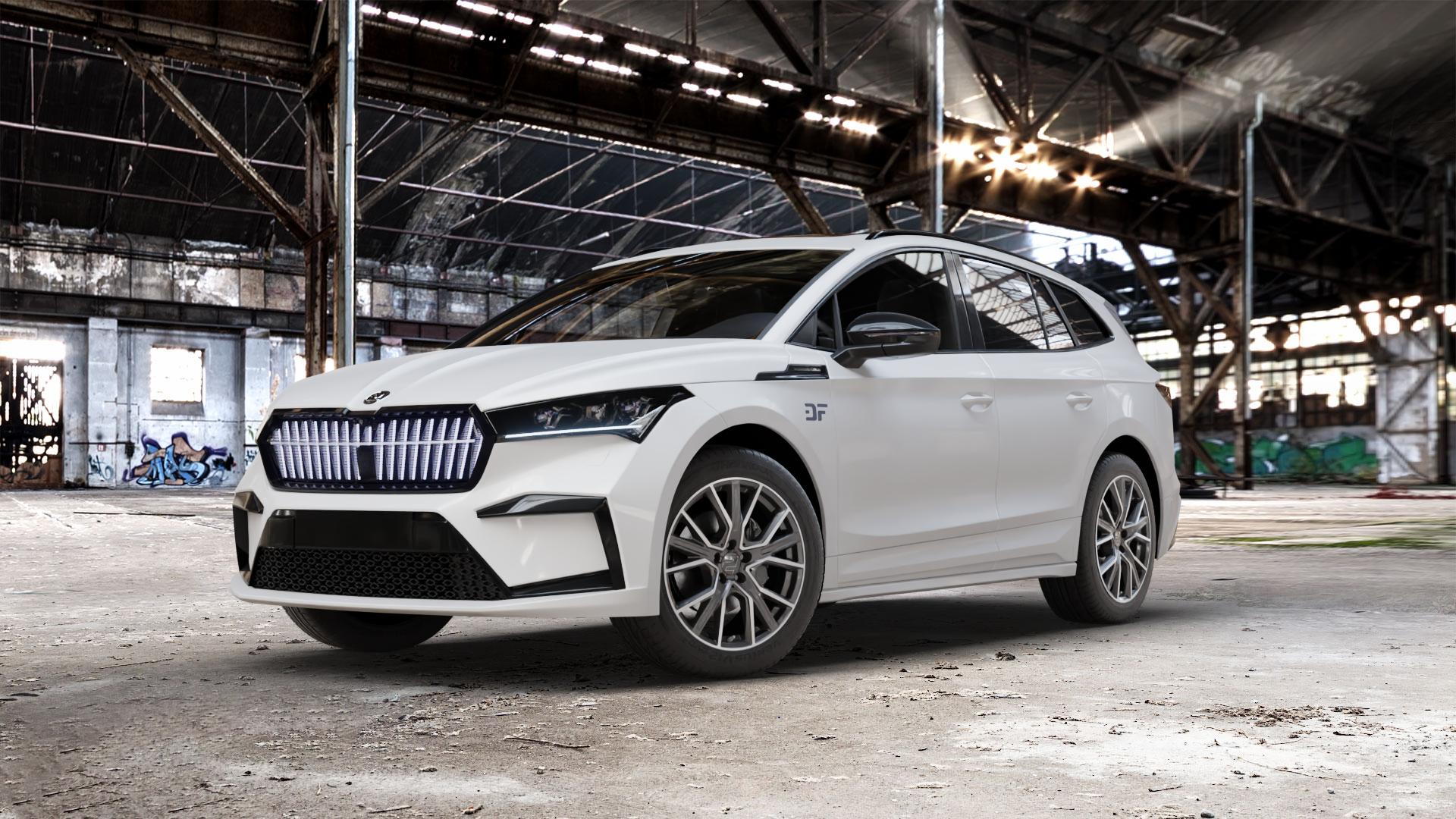 2DRV WH34 Dark Gunmetal Hochglanzpoliert Felge mit Reifen grau in 19Zoll Winterfelge Alufelge auf weissem Skoda Enyaq iV Typ NY 0,0l 70kW 80 (95 PS) 50 77kW 80x (105 60 ⬇️ mit 15mm Tieferlegung ⬇️ Old Industrial Hall_max_5300mm_2024 Frontansicht_1