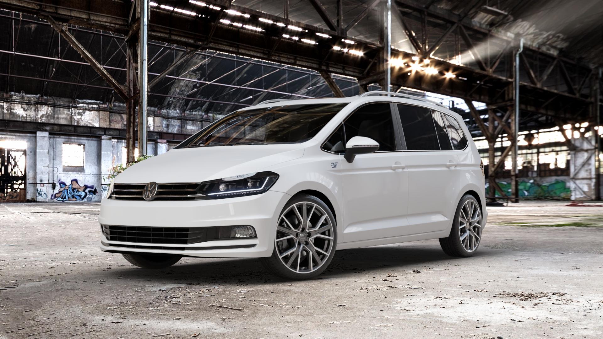 2DRV WH34 Dark Gunmetal Hochglanzpoliert Felge mit Reifen grau in 19Zoll Winterfelge Alufelge auf weissem Volkswagen (VW) Touran III Typ 1T (15->) ⬇️ mit 15mm Tieferlegung ⬇️ Old Industrial Hall_max_5300mm_2024 Frontansicht_1